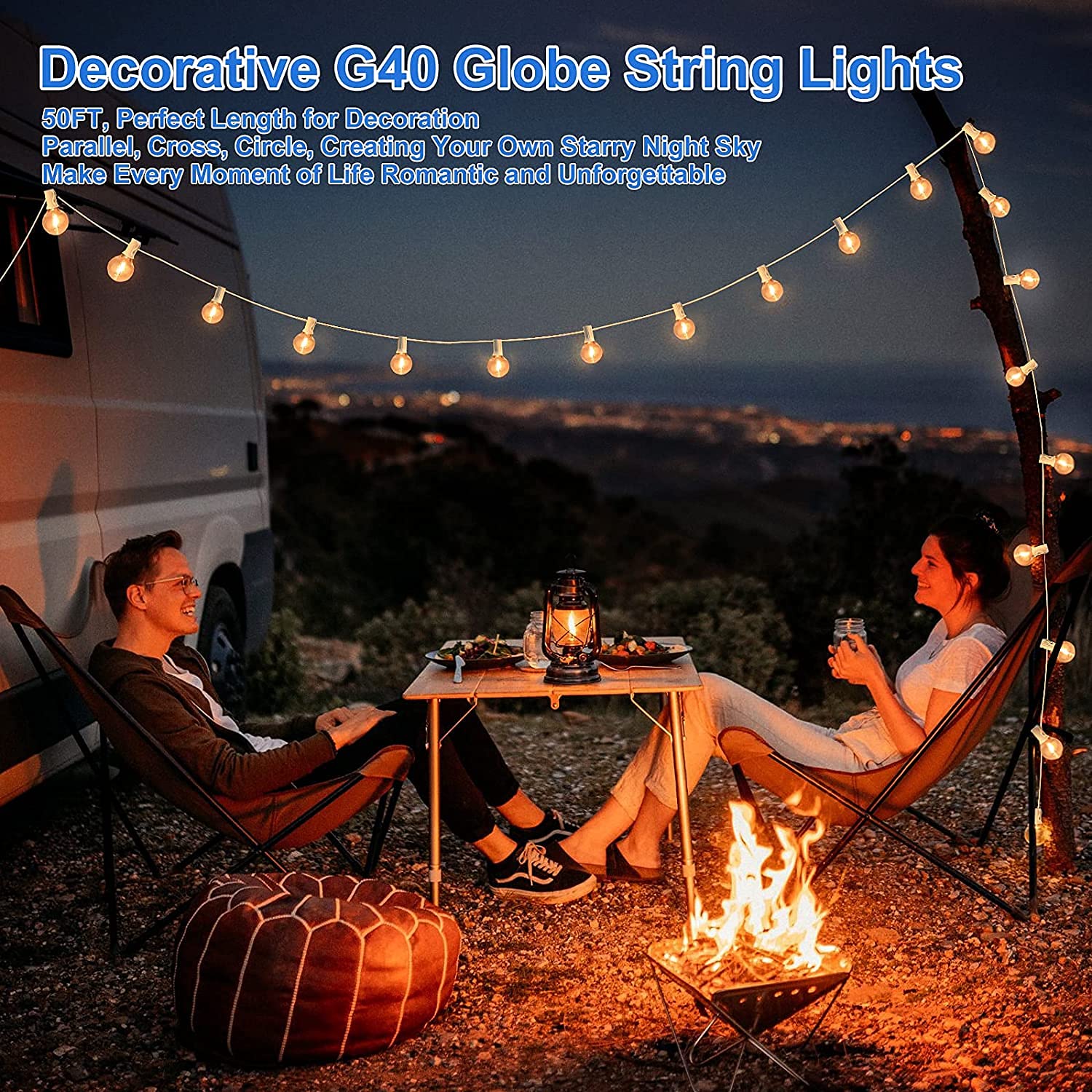 Abeja G40 LED Globe String Lights, 50FT Outdoor Waterproof, Dimmable Shatterproof Bulbs, White Wire
