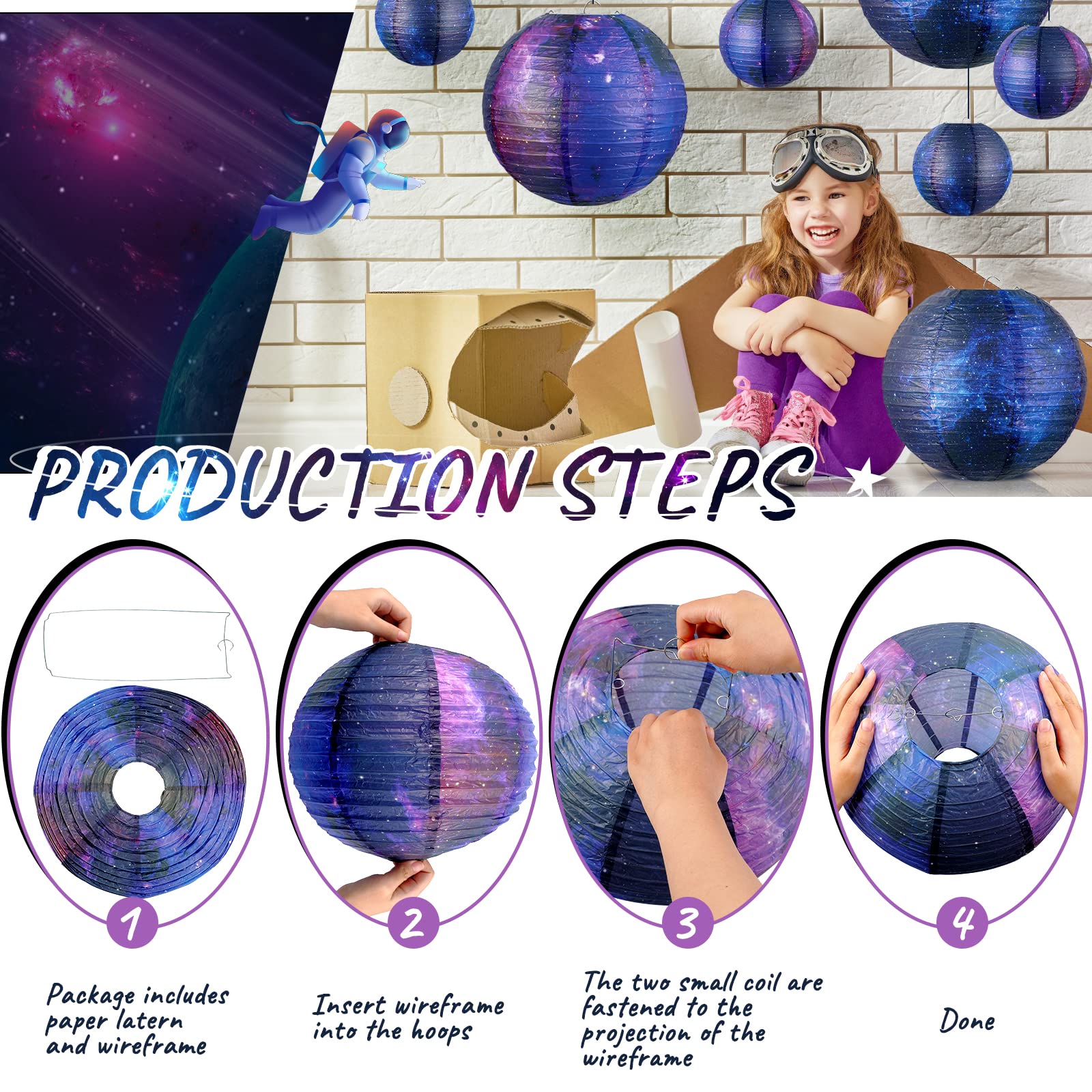 Hortsun Galaxy Print Paper Lanterns - 20 Pack, Space Themed Hanging Decor For Parties