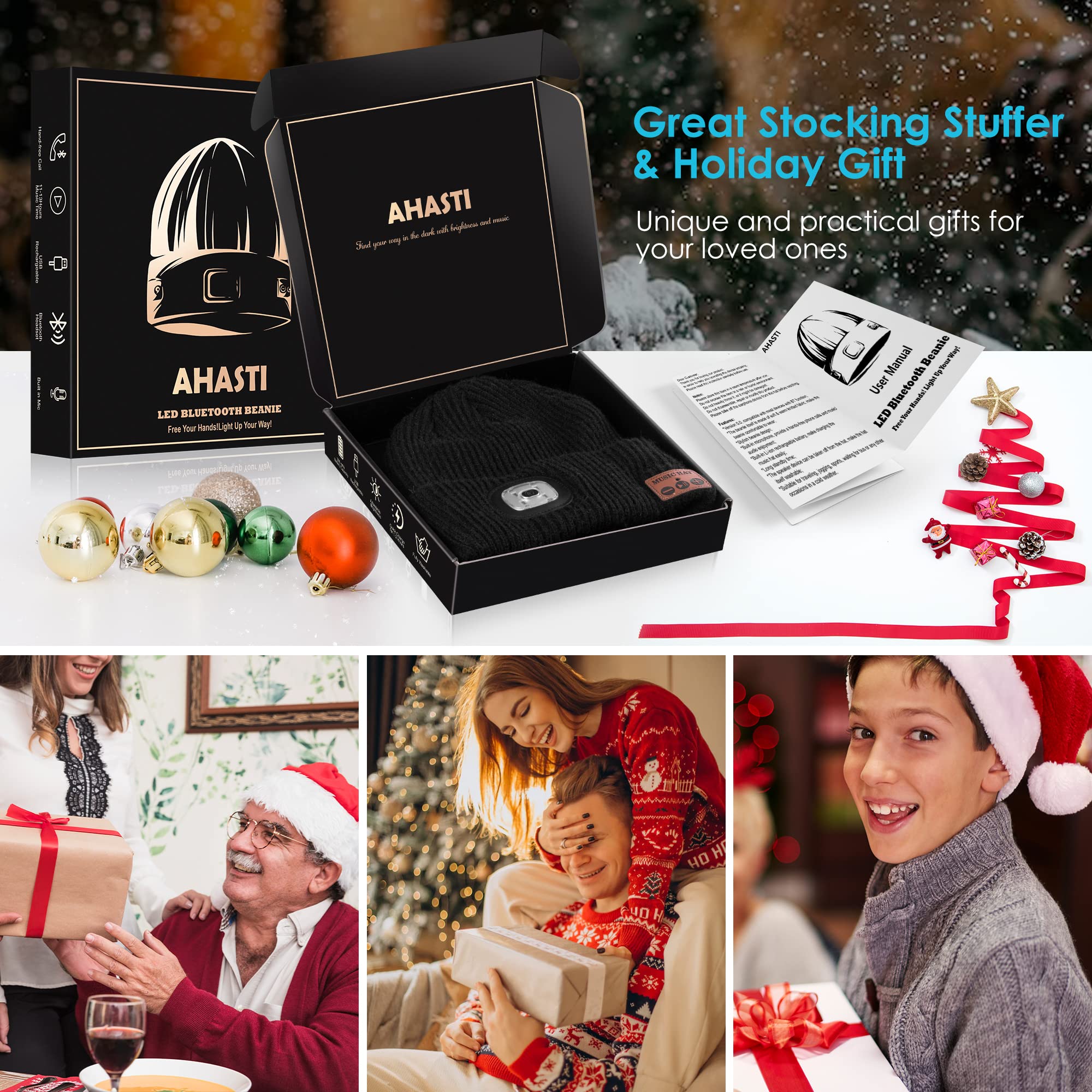 AHASTI Bluetooth Beanie Hat with Light, Rechargeable 4 LED Headlamp Cap, Wireless Headphones, Grey, One Size - Perfect Unique Gift for Men and Teens