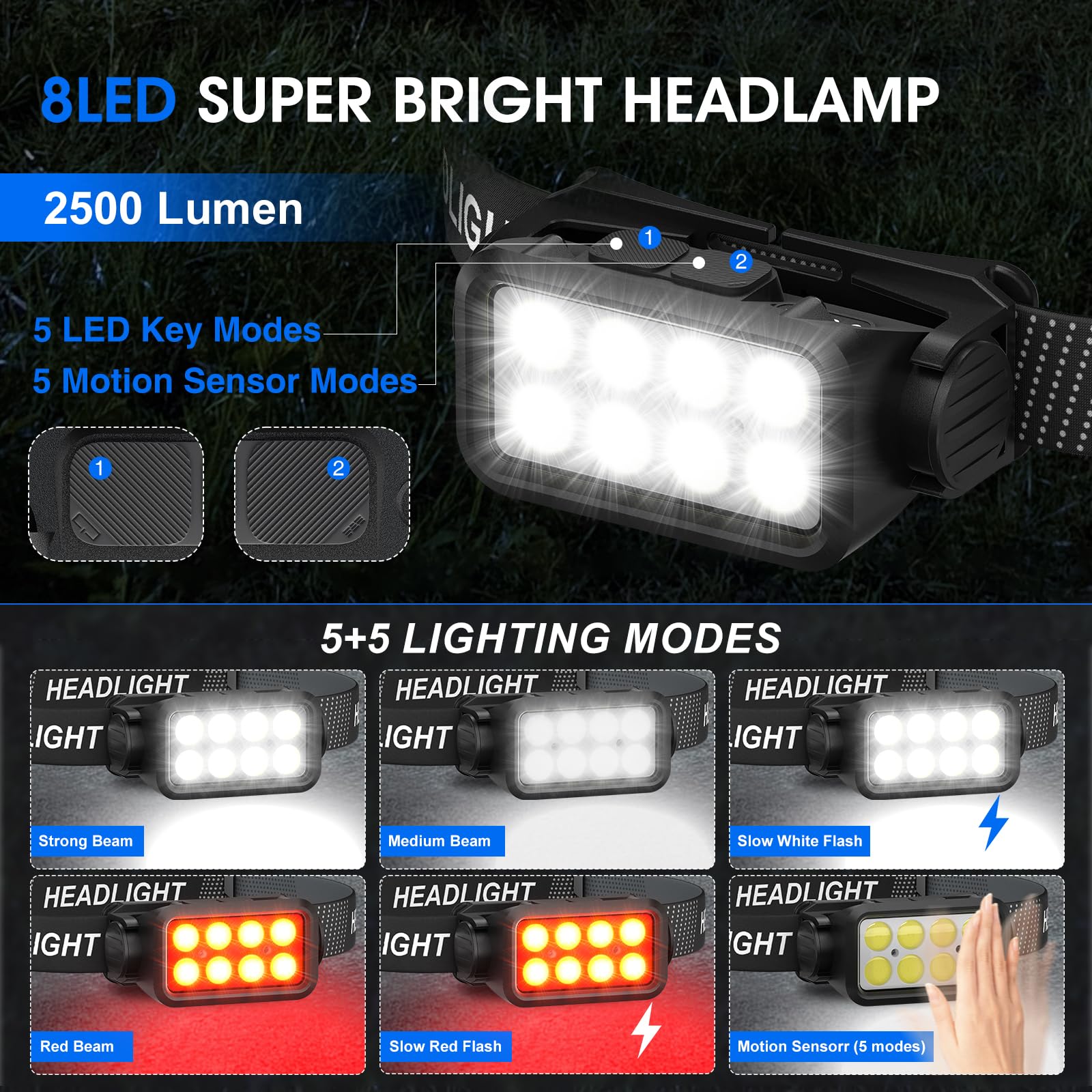 Rechargeable Headlamp Flashlight, 8 Led 2500 Lumen Super Bright Headlight With White Red Light & Motion Sensor, 2-Pack Waterproo
