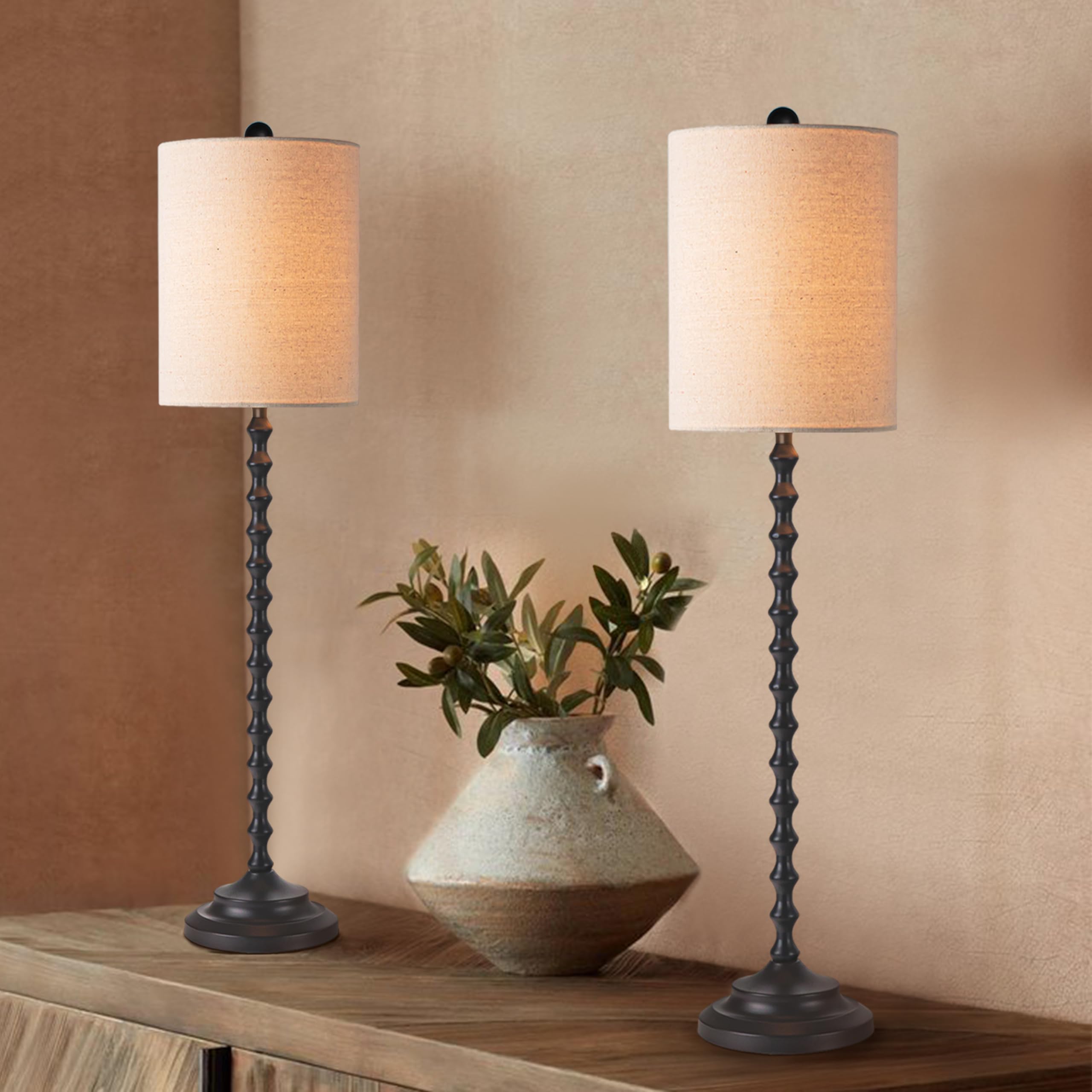 Buffet Table Lamps Set Of 2 With Linen Shade, Black Elegant Tall Table Lamps, 29.5'' Tall Bedroom Lamps For Nightstands, Bedside Lamps For Bedroom Living Room, Buffet Lamps For Dining Room, Entry