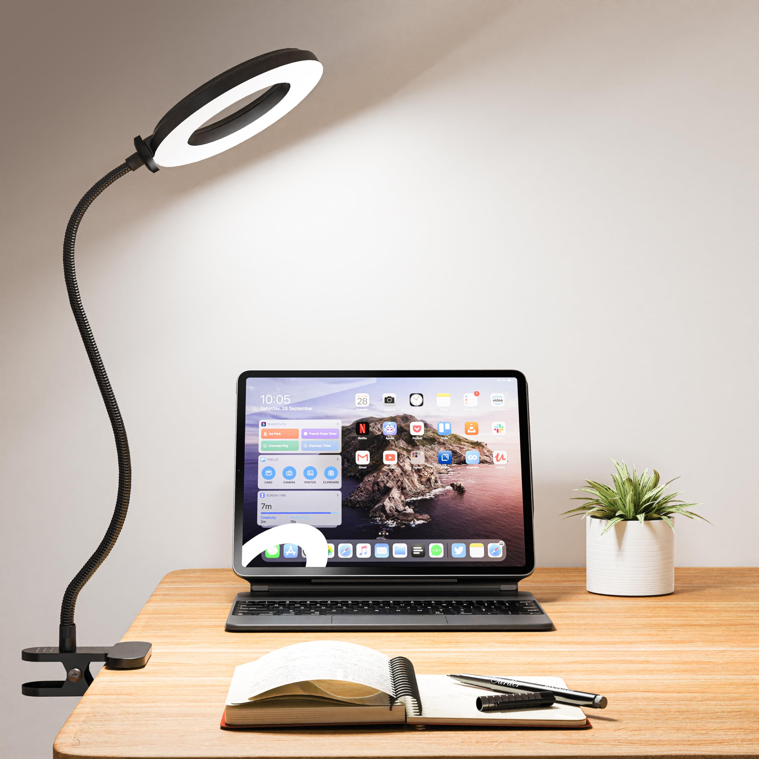 TANTUU LED Desk Lamp with Clamp, Eye-Caring Reading Light with 3 Color Modes 10 Brightness, Flexible Gooseneck Clip On Lamp for 