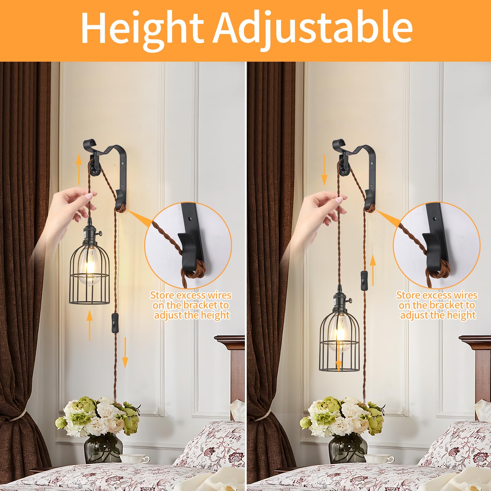 SEEBLEN Wall Sconces, Industrial Metal Lamp, Black, Plug-in with 6.5ft Cord, Height Adjustable, Style D-2, Set of 2