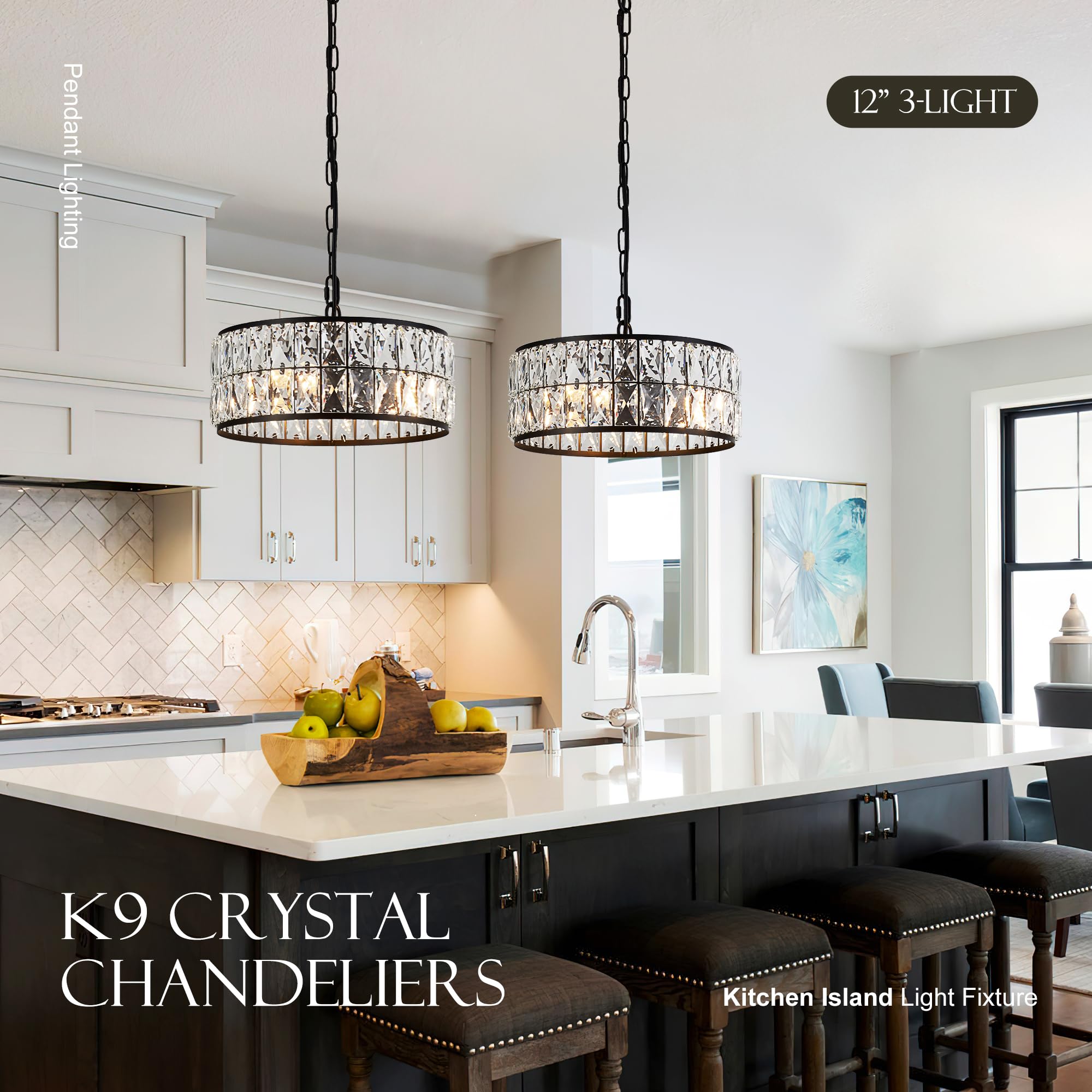 Salaiwei 12    3-Light Modern Crystal Chandeliers Black Dinning Room Light Fixture, Round Pendant Light Kitchen Island Chandelie