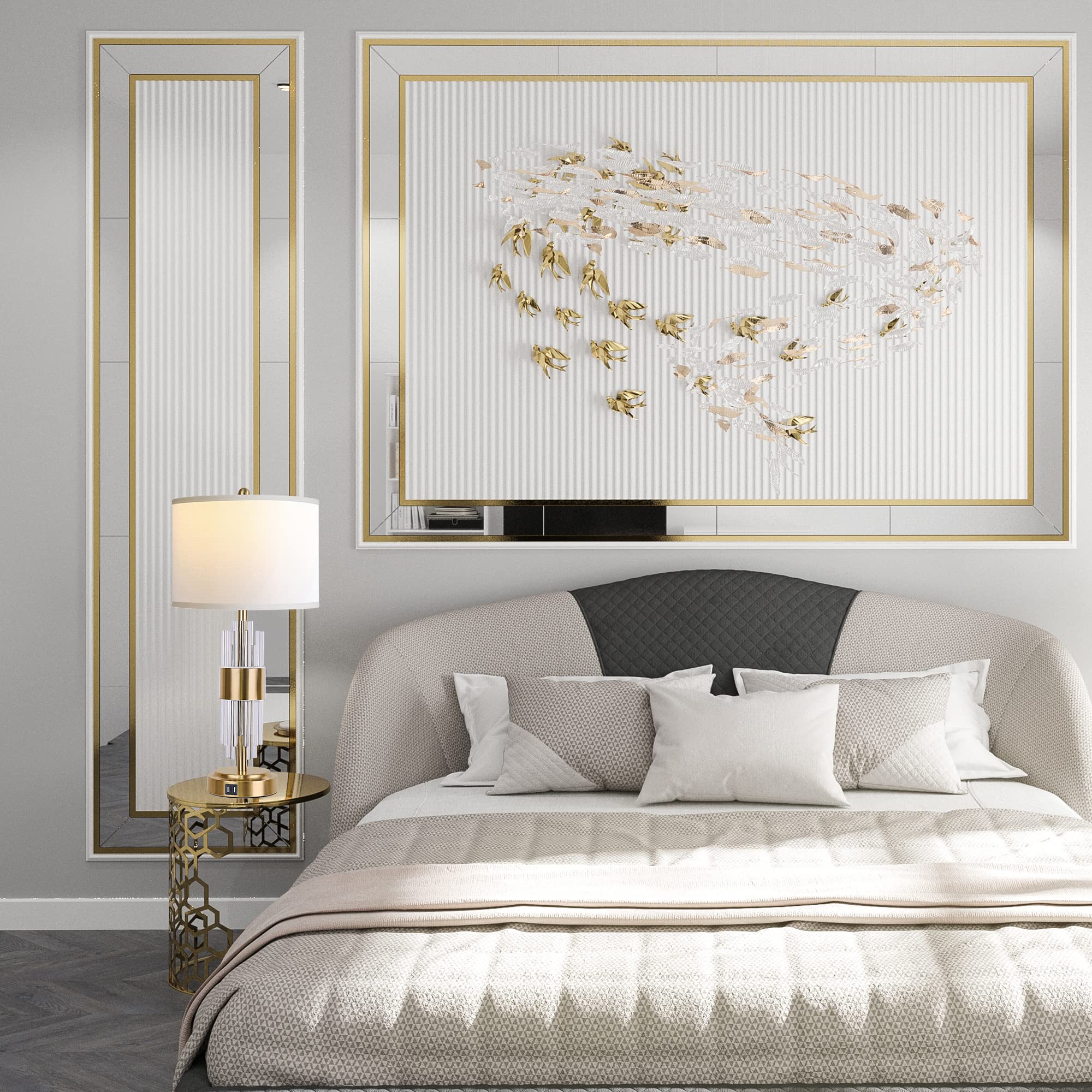 QiMH Gold Table Lamp with USB Ports, Touch Control, Modern Design, Single Pack, White Shade, Model STR-DL-0096