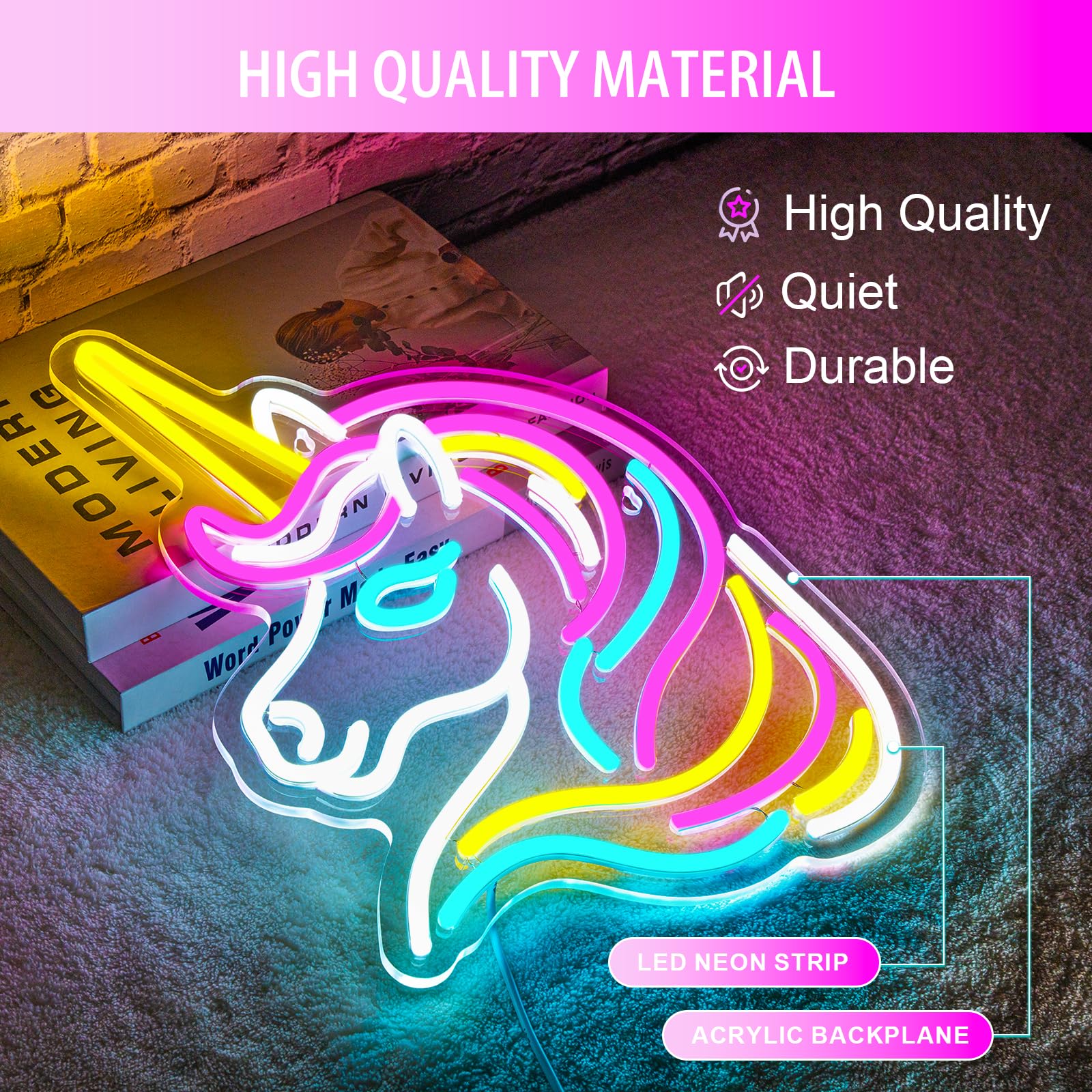 Basaneon Unicorn Neon Sign, Dimmable LED Wall Decor, 13inx12.6in, USB Powered, Acrylic, Colorful for Girls Room, B-Unicorn