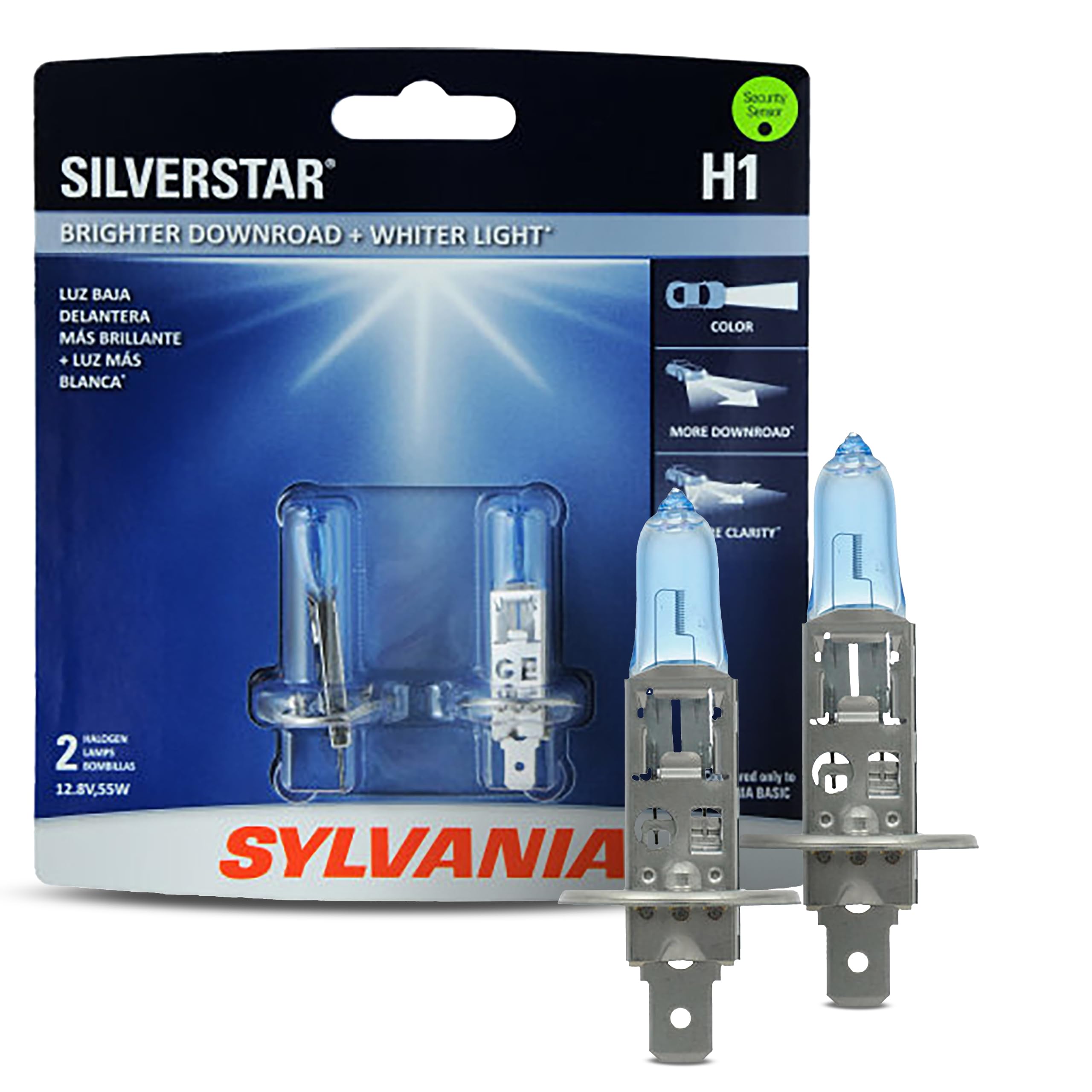 SYLVANIA H1 SilverStar Halogen Headlight Bulb, High/Low Beam and Fog Light Replacement, Brighter White Light, Model H1ST.BP2, 2 Bulbs