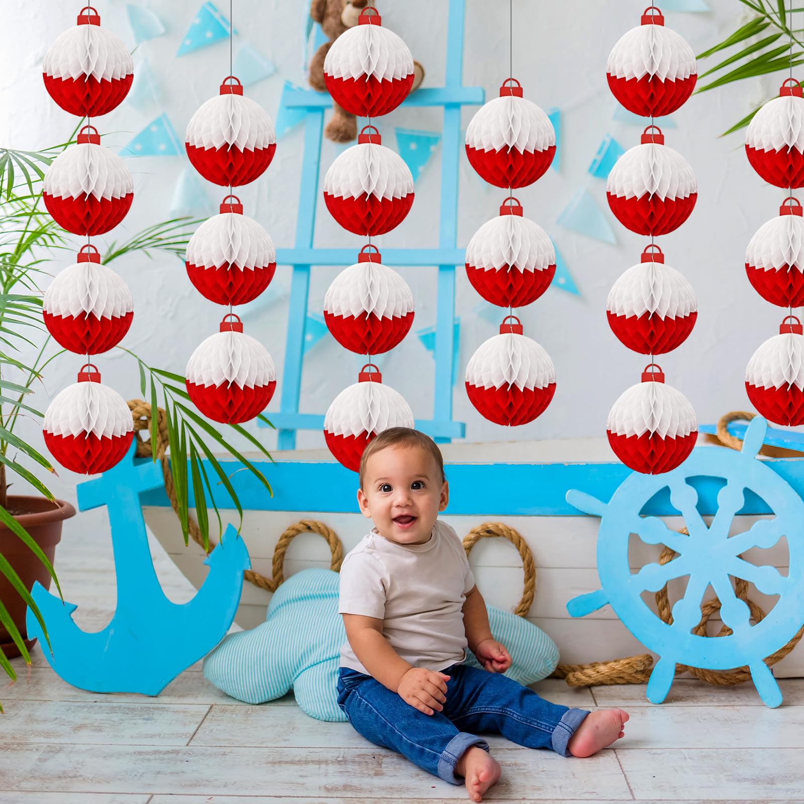 12Pcs Fishing Themed Paper Honeycomb Ball Decorations Lanterns, Red & White For Fishing Party, Birthday, Fishermen Themed, Table