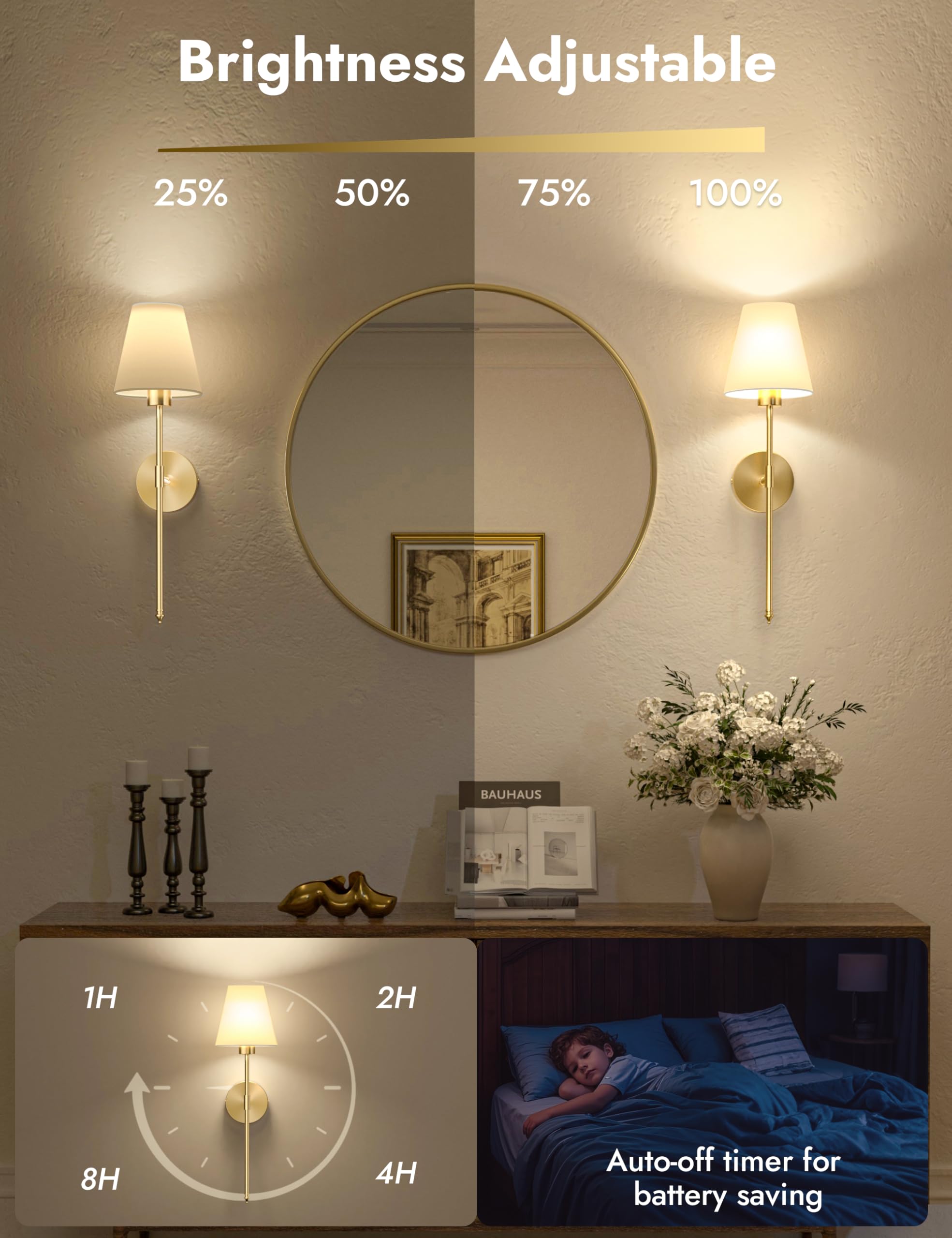 VOLISUN Battery Operated Wall Sconces Set of Two, Wireless, Remote, Dimmable, 23.6 inch, Gold, Model SW040