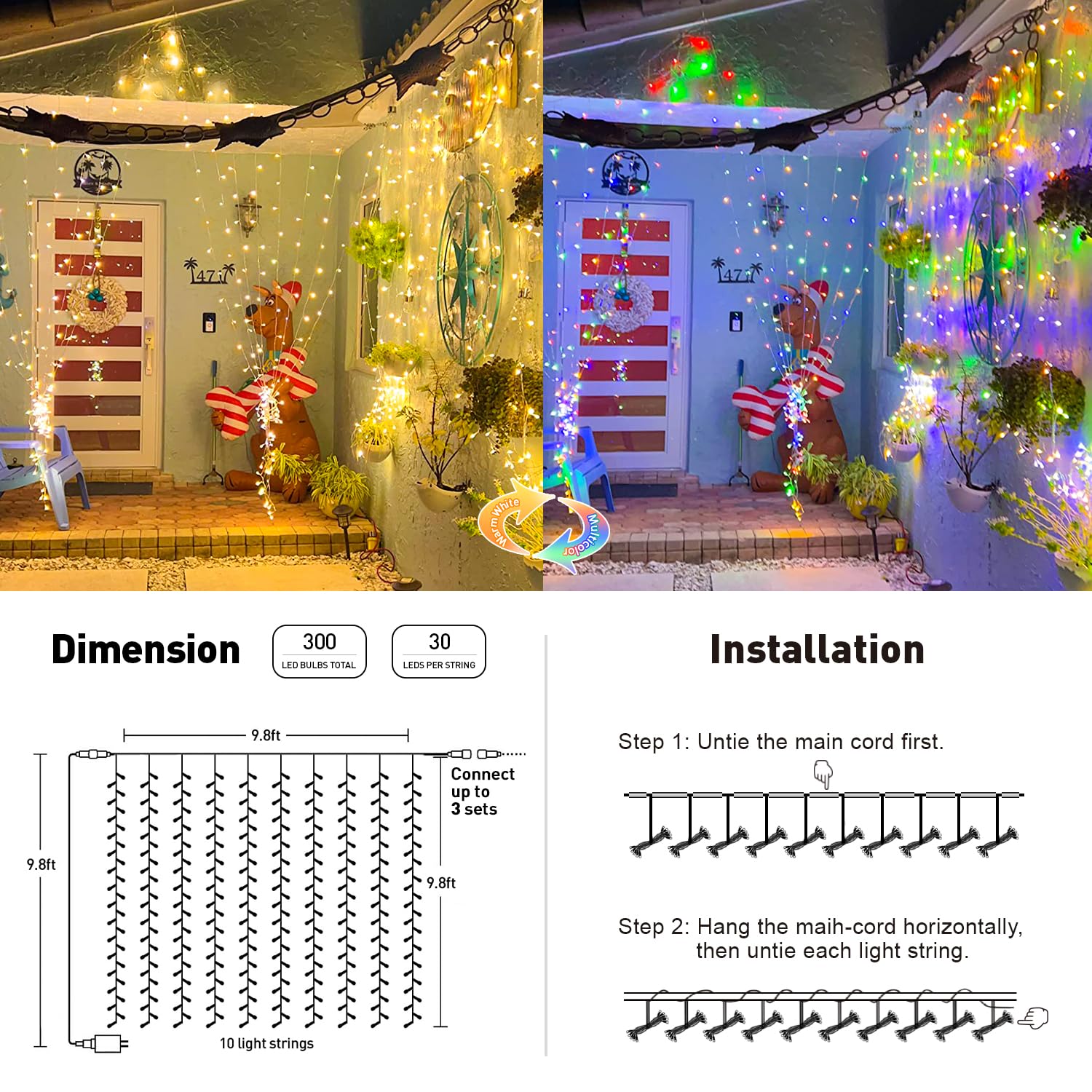 Jmexsuss 300Led Dual Color Changing Curtain Lights With Remote, 9.8 X 9.8Ft Connectable Plug In Christmas String Lights For Bedroom Backdrop Outdoor Decor, Warm White To Multicolor