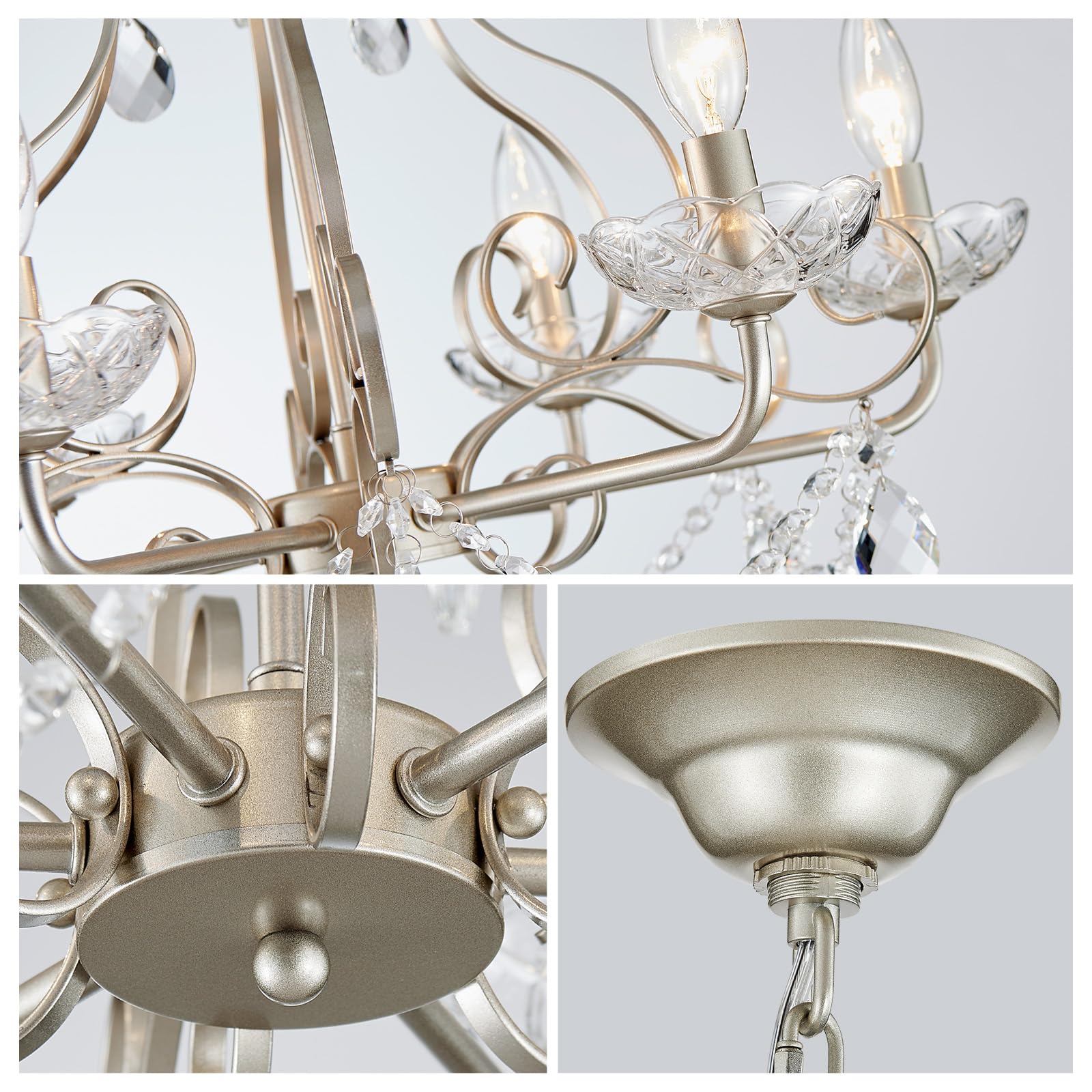 WUZUPS Crystal Candle Chandelier, Modern Nickel Flushmount Light, 22.5" x 21.7", E12 Base, 6 Lights for Bedroom, Hallway, Kitchen, Bathroom