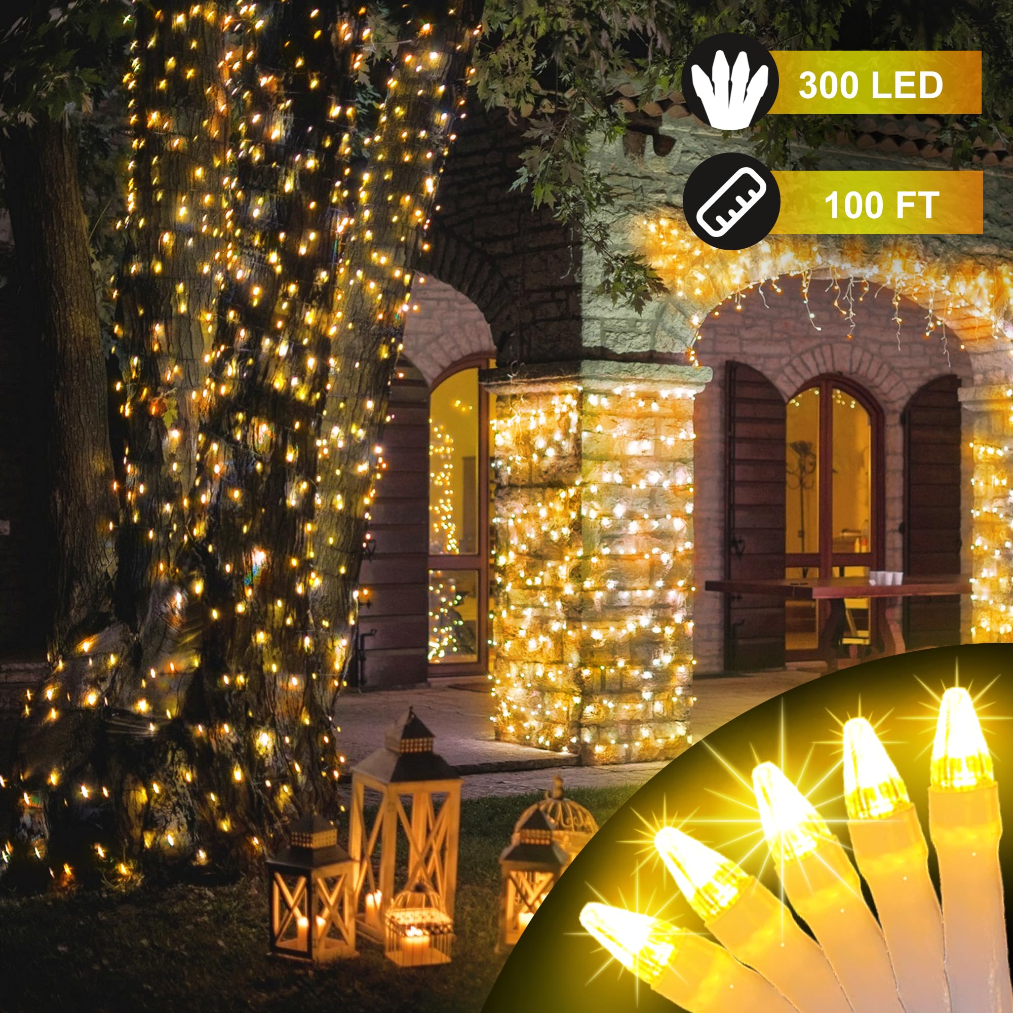 HRANBOTY 300LED Christmas String Lights, 100FT Warm White, 8 Modes, Indoor Outdoor, Plastic, Model HS-300L