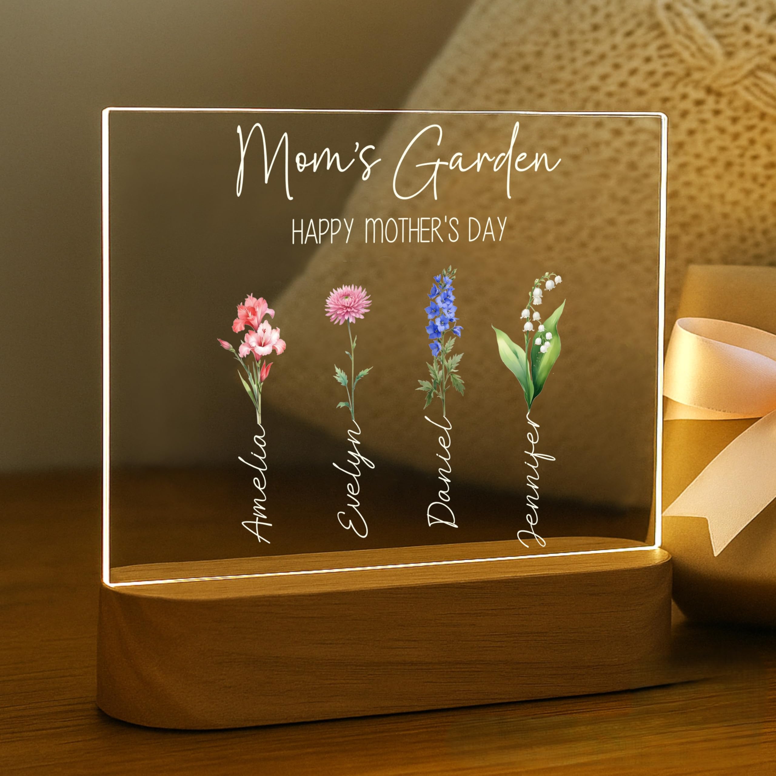 Grandmas Garden LED Night Light | Personalized Mothers Day Gifts for Mom | Customizable Lamp, Birth Month Flower Decor with 4 Na