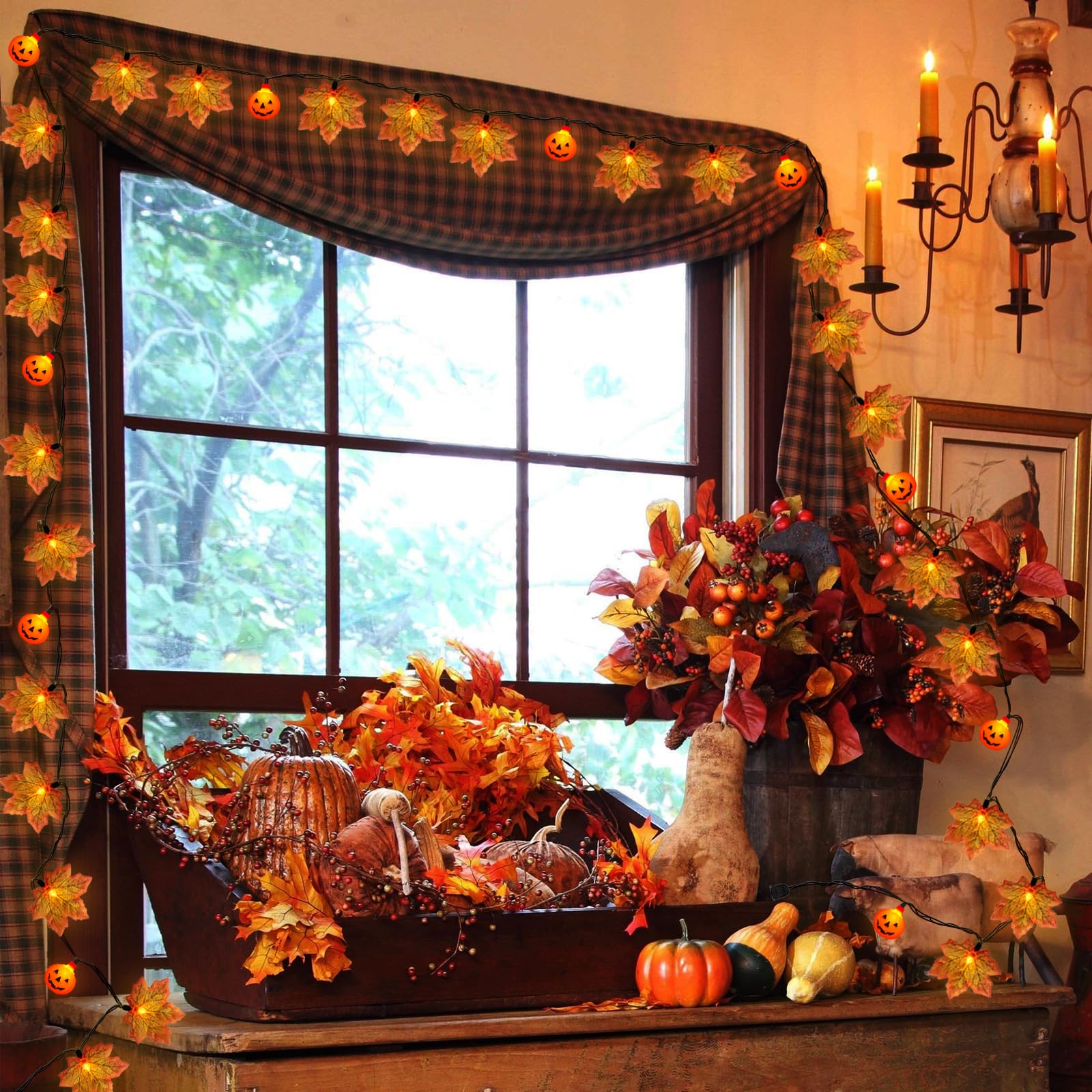 13.6FT Thanksgiving Lights Leaf String Lights, 25 LED Orange Leaf Lights and 10 LED Pumpkin Lights, Plug-in Fall String Lights f