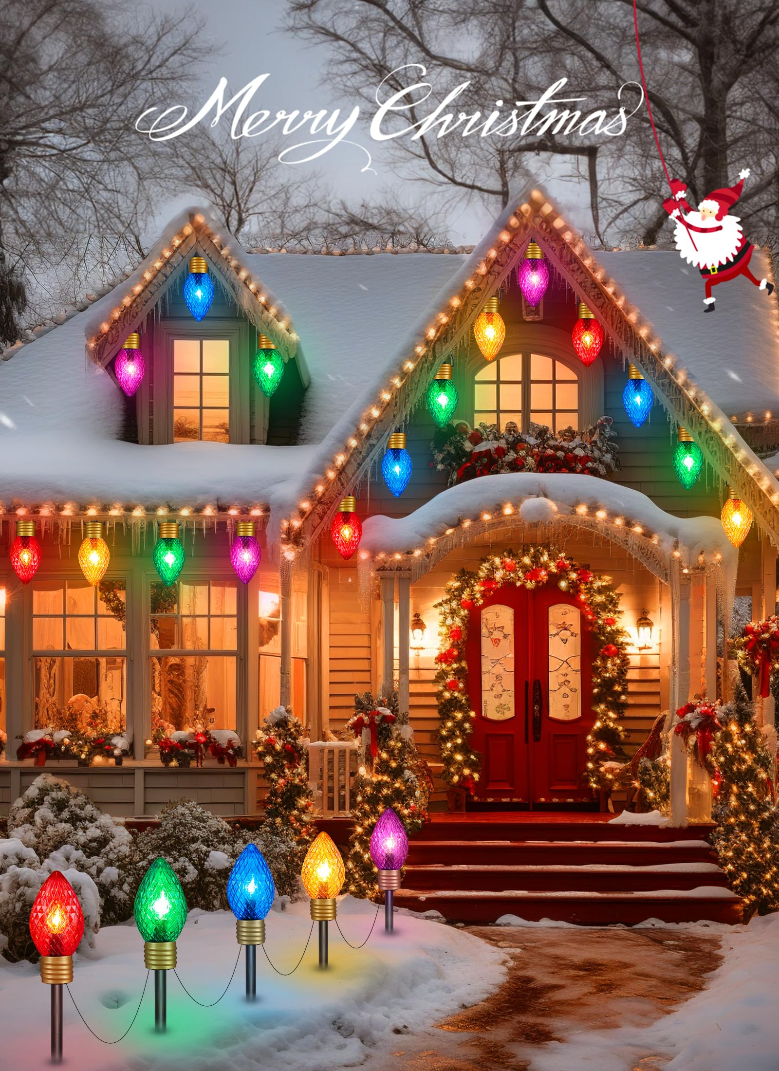 Brightown Strawberry Jumbo C9 Christmas Pathway Lights Outdoor - 2 Pack Total 17Ft 10 Led C9 Walkway Lights, Multicolor Bulb Hol