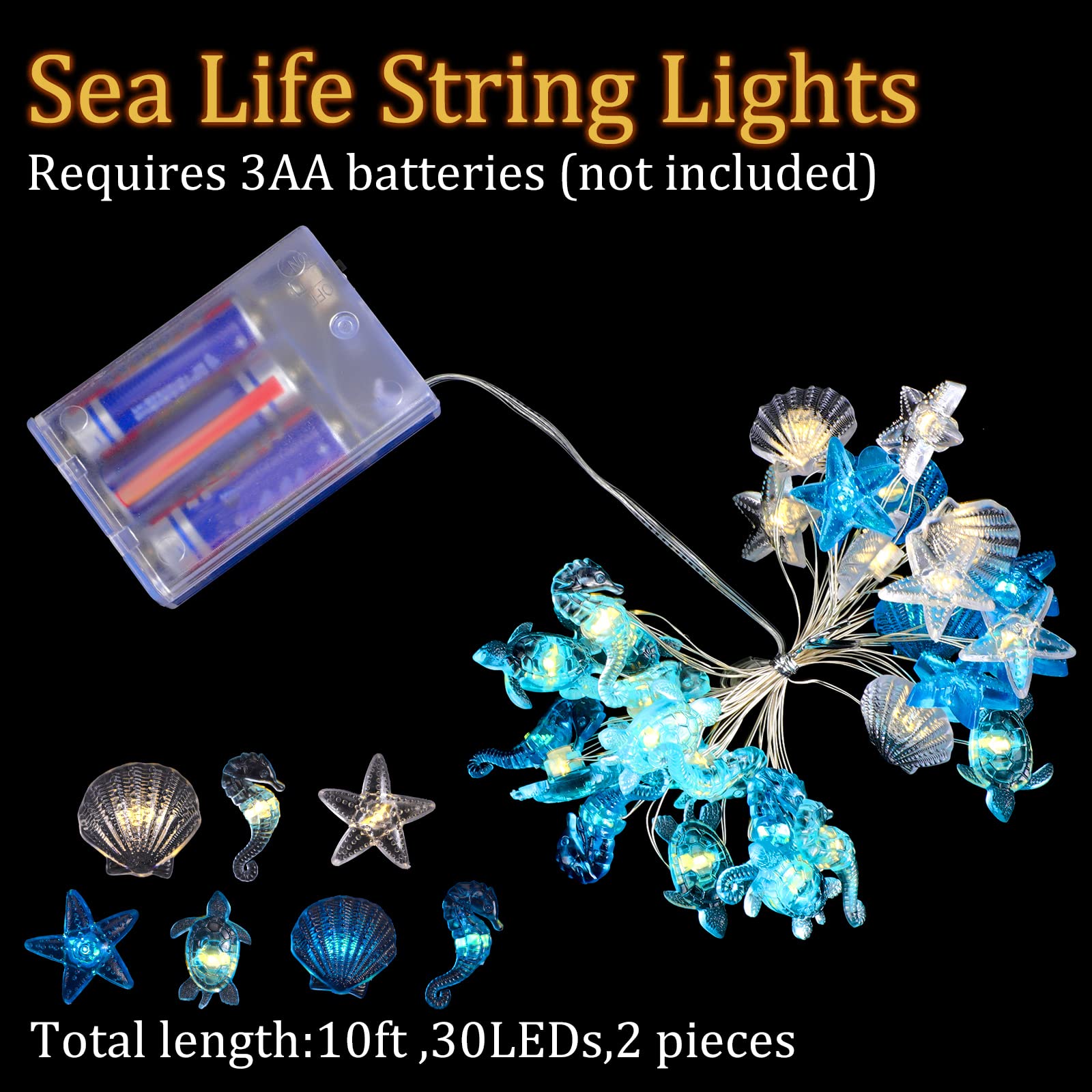 Zhanmai 2 Pcs Ocean Decor String Lights for Bedroom Nautical Theme Seashell Seahorse Conch 10ft 30 LED Battery Operated String L