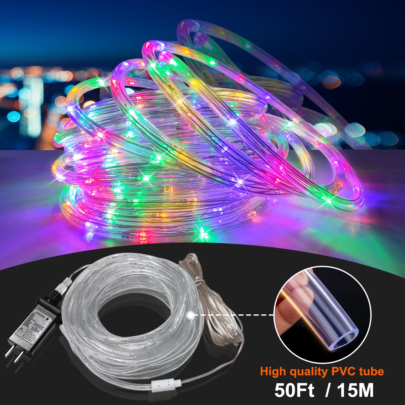 SINGCHUNGTE 50Ft LED Color Changing Rope Lights, Waterproof RGB 16 Colors, Remote Control for Outdoor & Indoor Decoration
