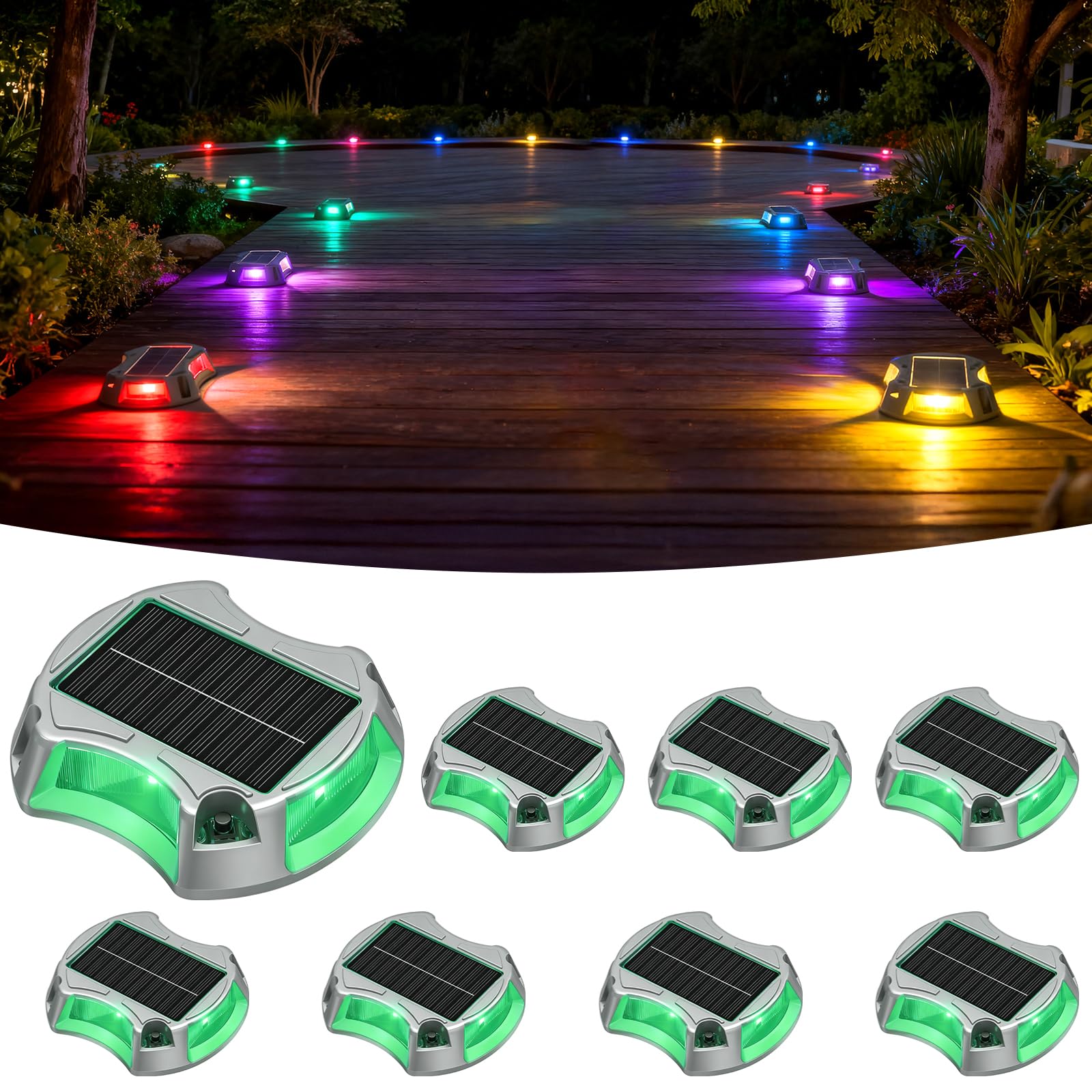 Bosceos Solar Driveway Lights Outdoor 8-Pack, Solar Deck Lights RGB Color Modes Dock Light Waterproof Driveway Markers Step Ligh