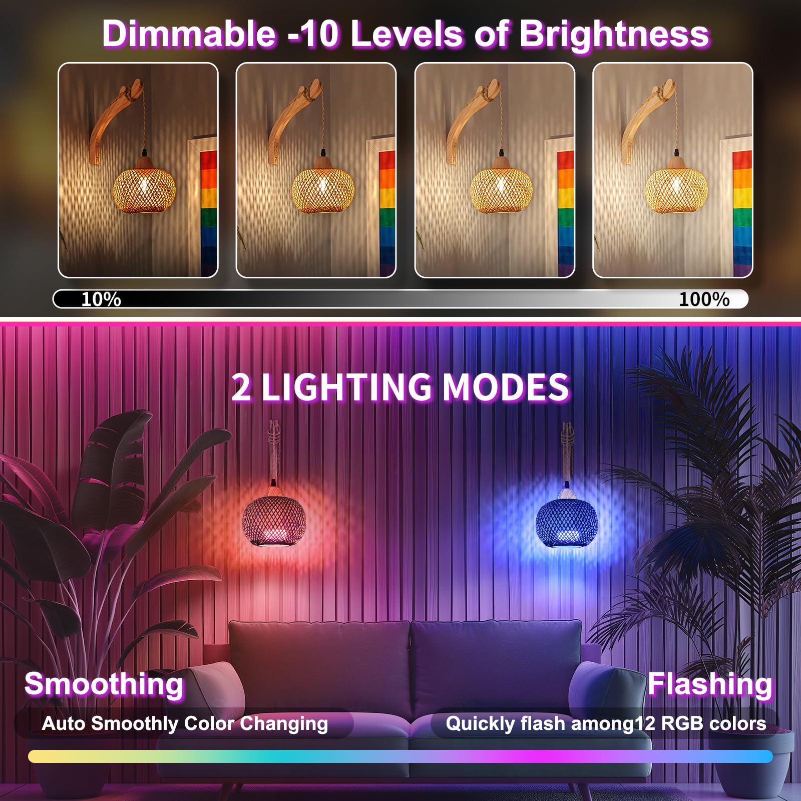 Frideko Rechargeable Battery Operated Wall Sconces Set Of Two With Remote, Rgb 15 Colors Dimmable Wireless Wall Light, Bamboo In