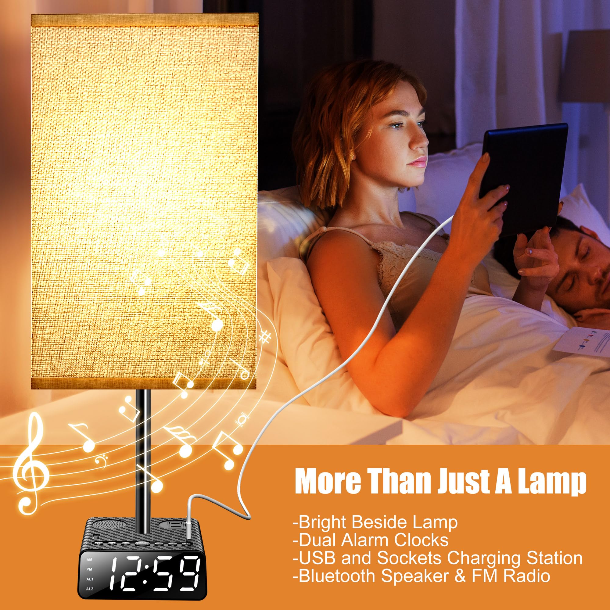 Yostyle Table Lamp With Alarm Clock Base, Bedside Lamp,2 Usb & 1 Ac Power Outlets, Fm Radio & Speaker 6Ft Extension Cord - Squar
