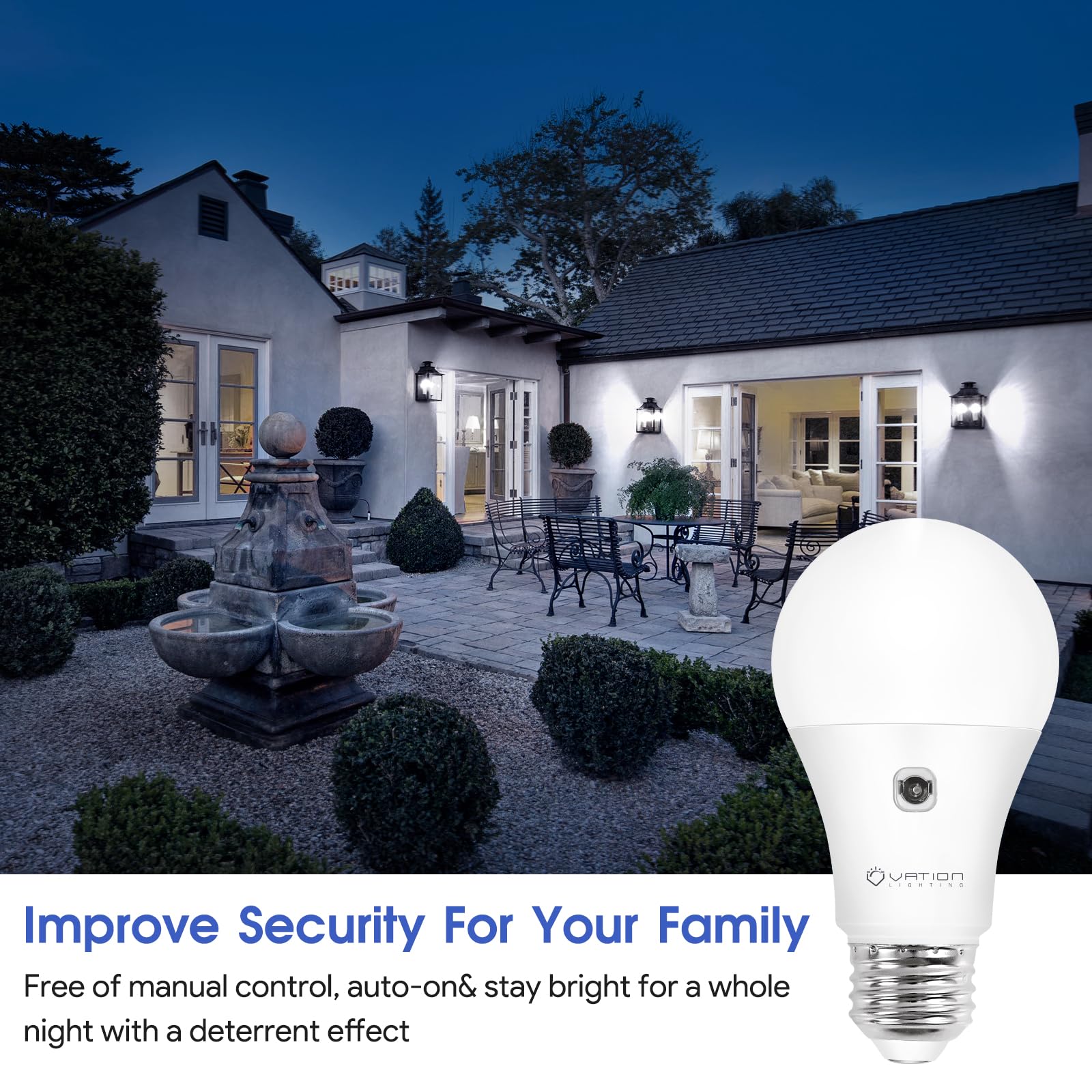 A19 Dusk To Dawn Sensor Led Light Bulbs Outdoor, Daylight 5000K, Energy Efficient 9W(60 Watt Equivalent), E26 Standard Base, Aut