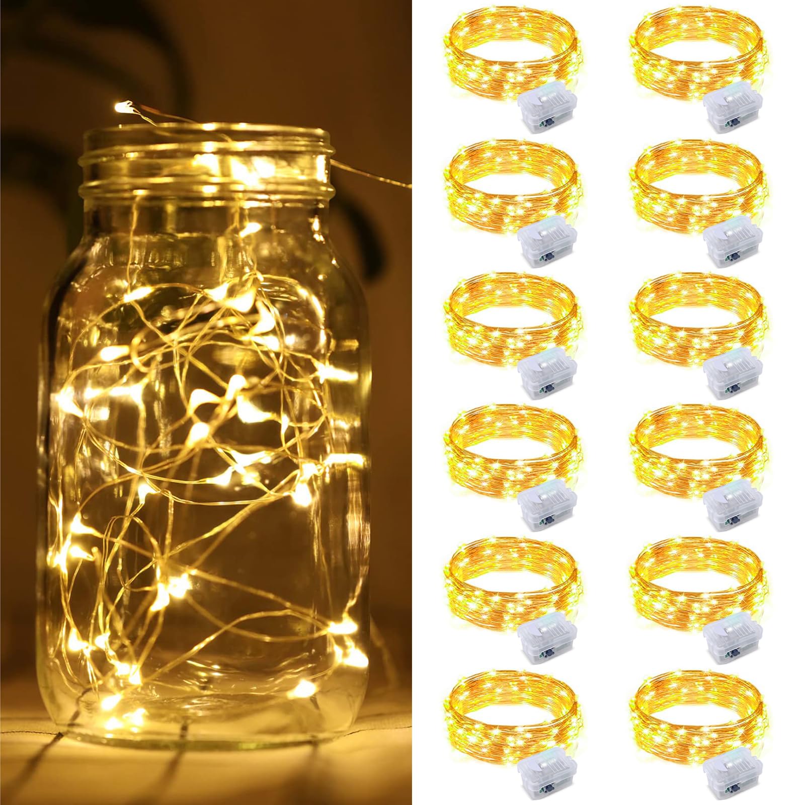 12 Pack Fairy Lights Battery Operated, String Lights Battery Powered 7ft 20 Led Fairy Lights Copper Wire Twinkle Lights for DIY, Parties, Wedding, Bedroom, Christmas Decoration(Warm White 12P)