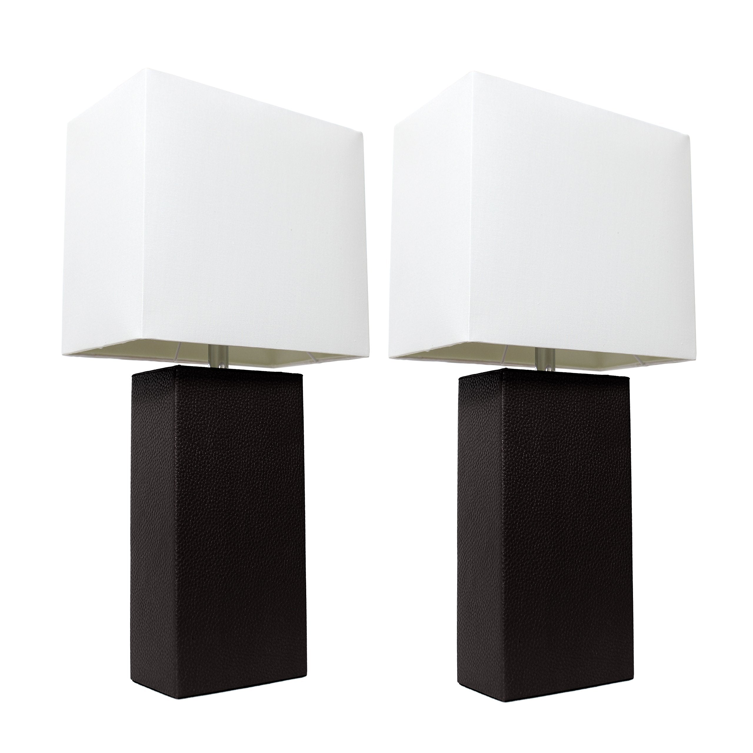 Elegant Designs Modern Leather Table Lamps, 2 Pack, Black with White Fabric Shades, Model LC2000-BLK-2PK