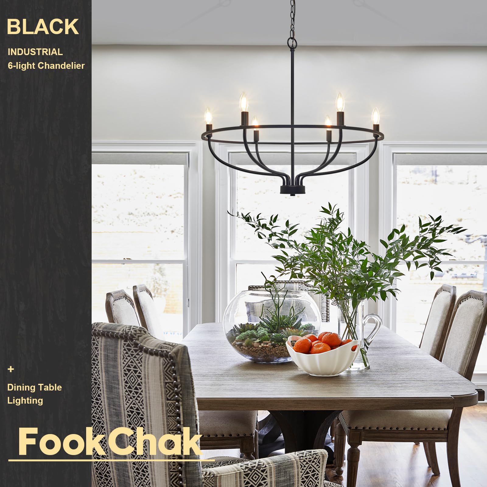 FookChak 6-Light Black Metal Chandelier - Farmhouse Candle Hanging Light Fixture for Dining Room, Kitchen, Bedroom, 28.54in