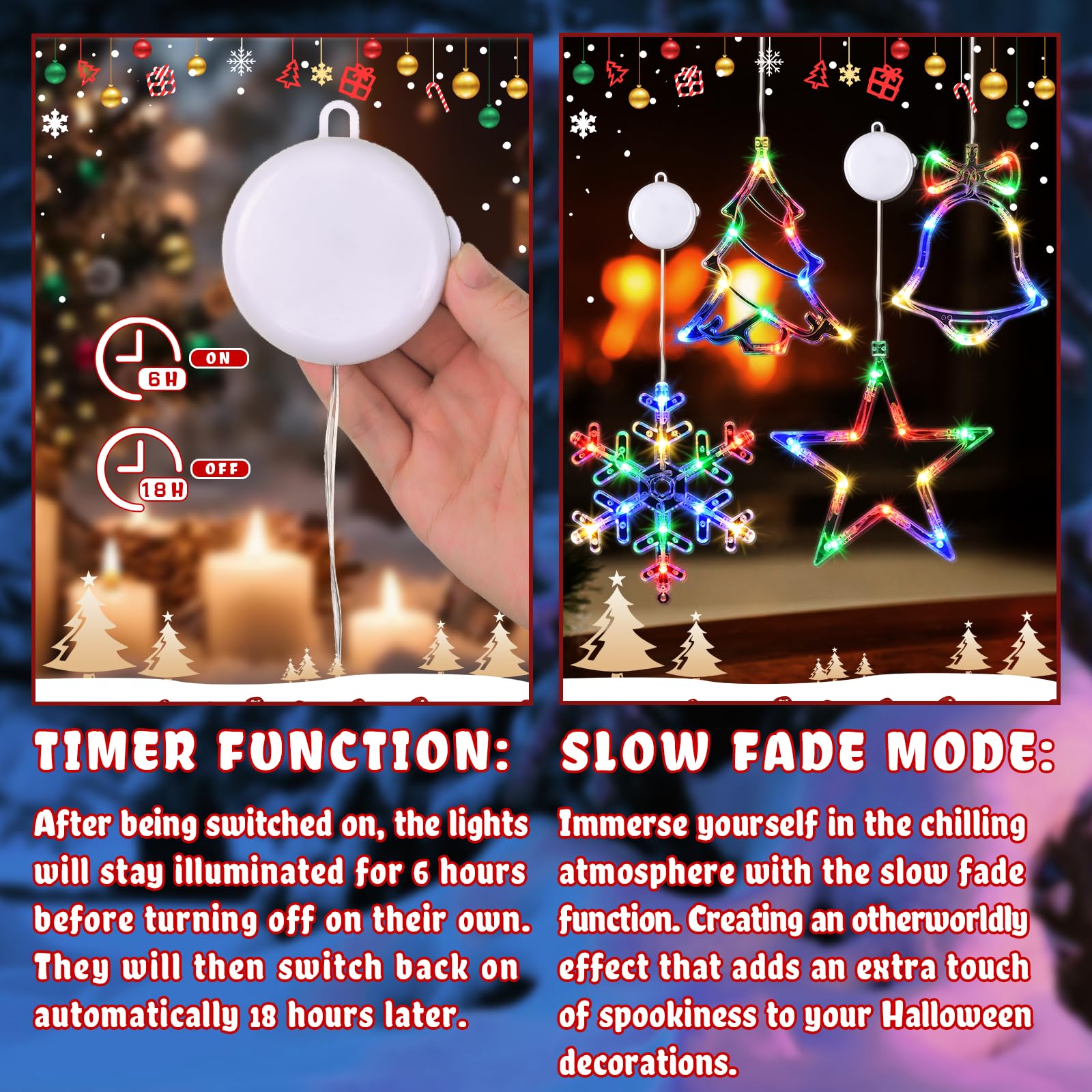 Waipfaru 4 PCS Christmas Window Lights with Timer, Multicolor Jingle Bell & Snowflake Decor, Model ISL001-D