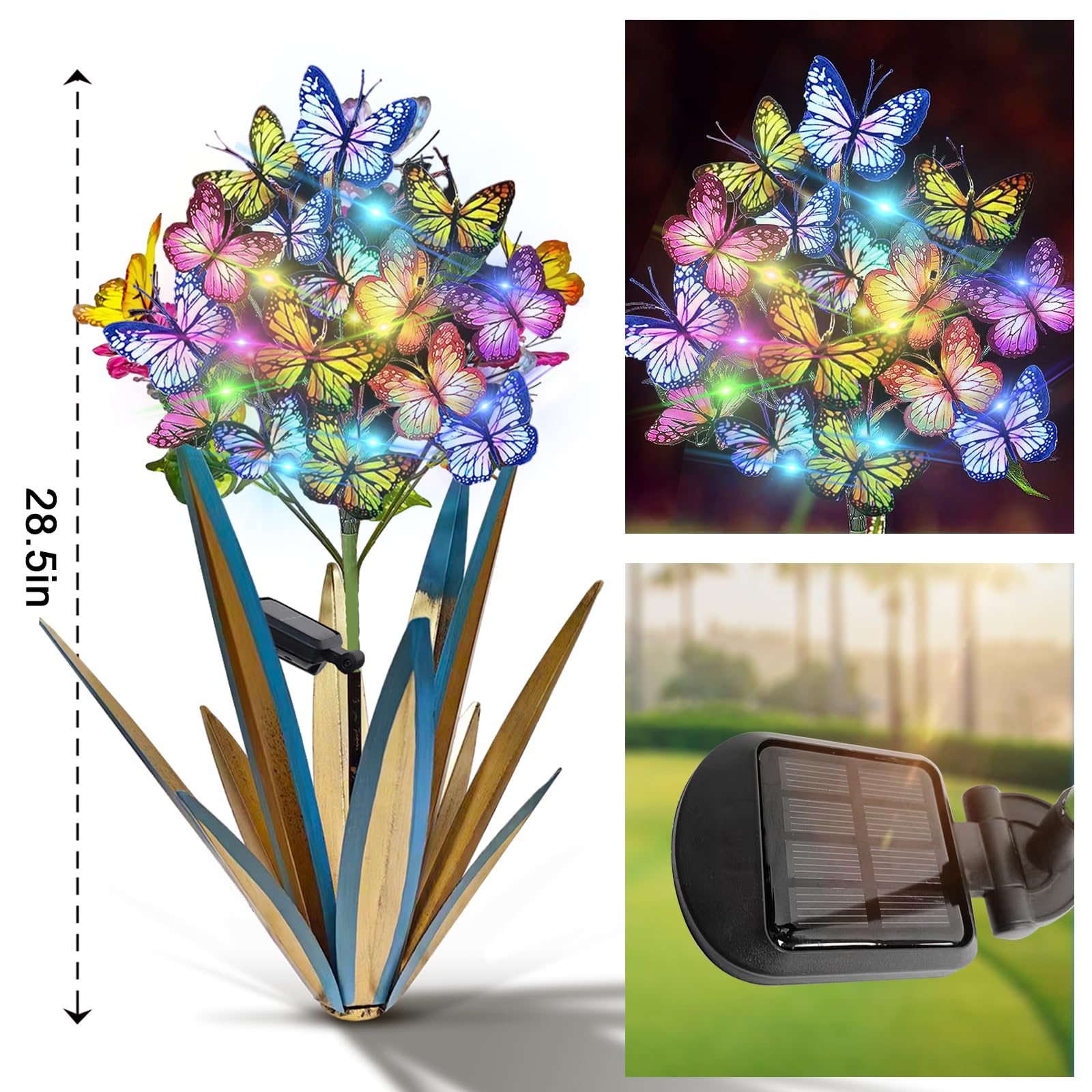 Homight Solar Metal Agave Butterfly Flower Stick Garden Sculpture - 2 Pcs Blue, Model HM-453, Outdoor Christmas Lights