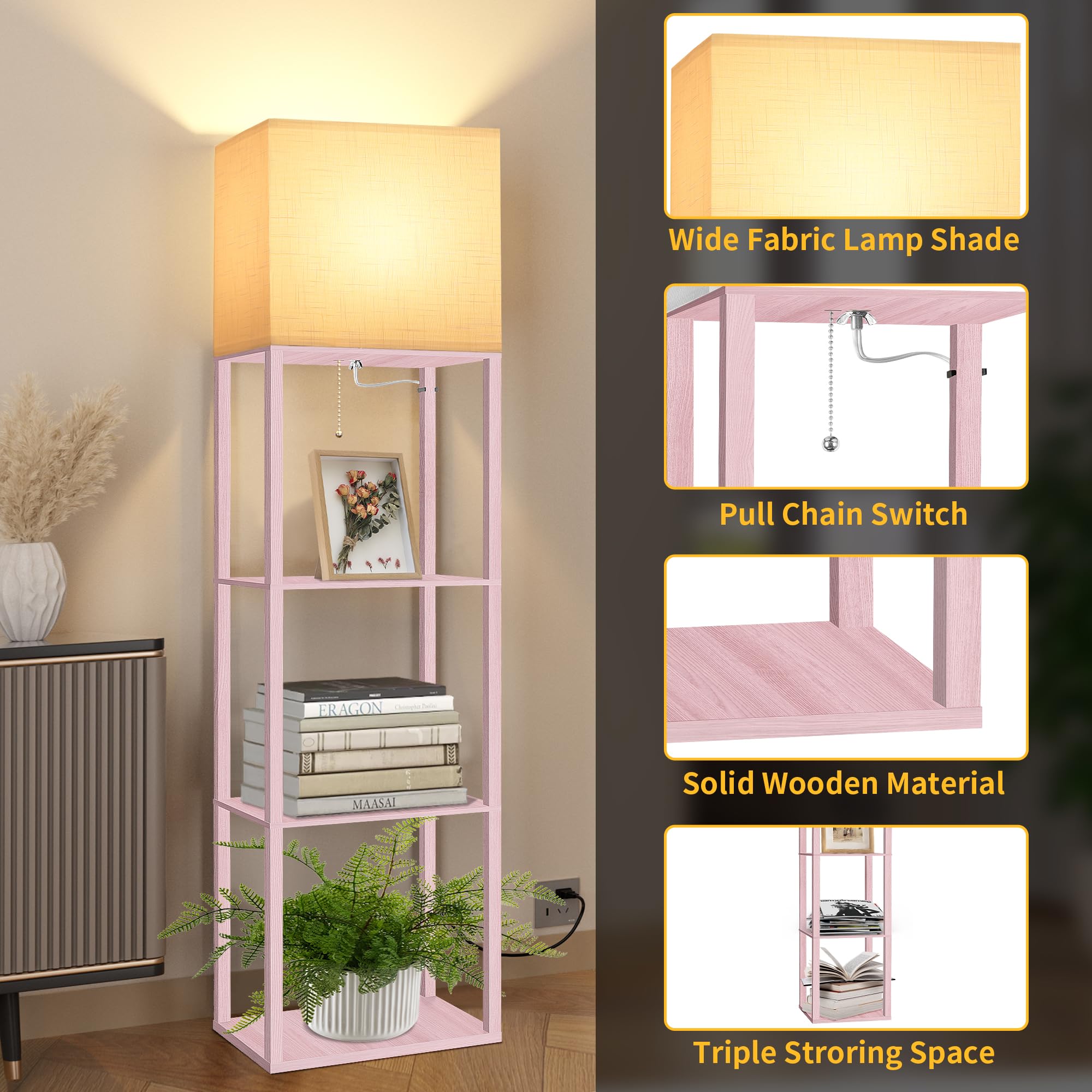 Dott Arts Floor Lamp with Shelves, 15.7in Wide, Wood, Pink, Model WLM1600-FLA-15W-17, Modern LED Display Shelf Lamp for Living Room