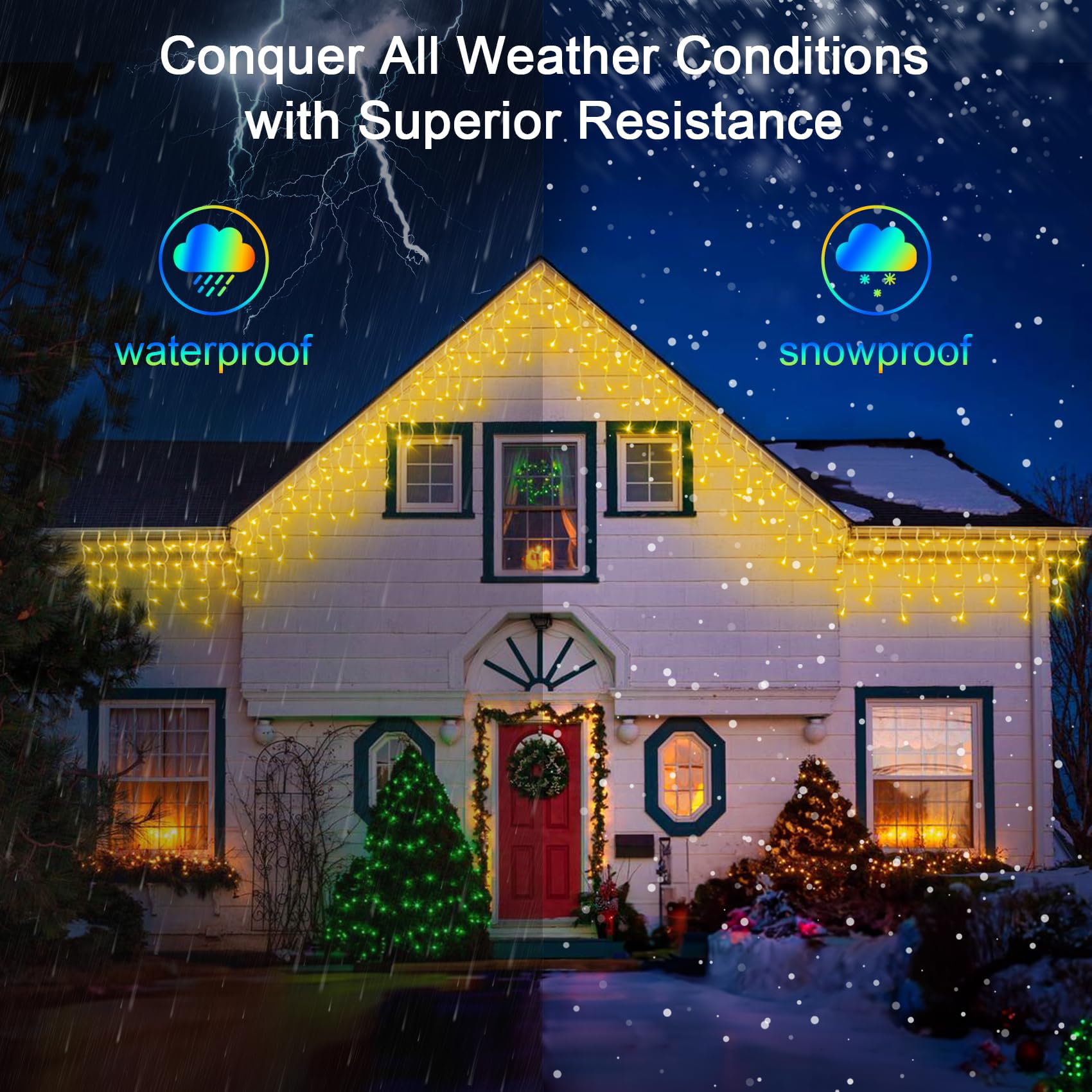 WUXYIYANG 1296 LED Christmas Lights, 288 Drops, 131FT Outdoor Waterproof String Lights, 8 Modes, Warm White