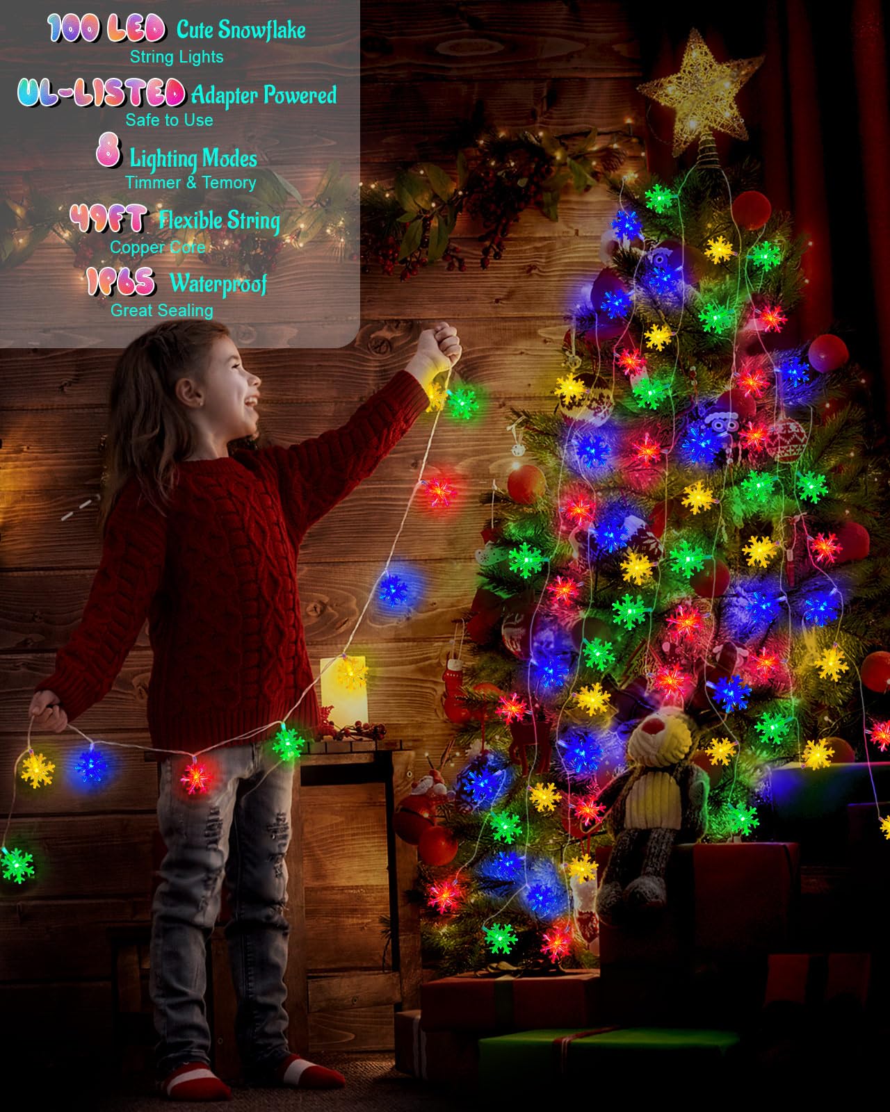 Christmas Snowflake String Lights Outdoor, 100 Led 49Ft Icicle Lights Waterproof With 8 Modes Timer Xmas Decorations, Plug In Fairy Lights For Curtain, Eaves, Window, Tree, Garden, Yard- Multicolor