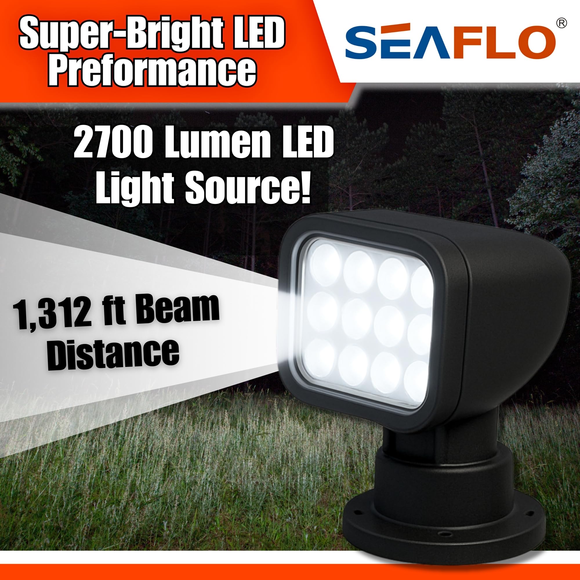 Seaflo 360 Rotating Remote Control Led Searchlight  10-30V  Auto-Reset  Ip66 Waterproof  Marine Spotlight For Boats  Truck  Vehicles  Ce & Rohs Certified (Wireless Remote/Black/White Light 5500K)