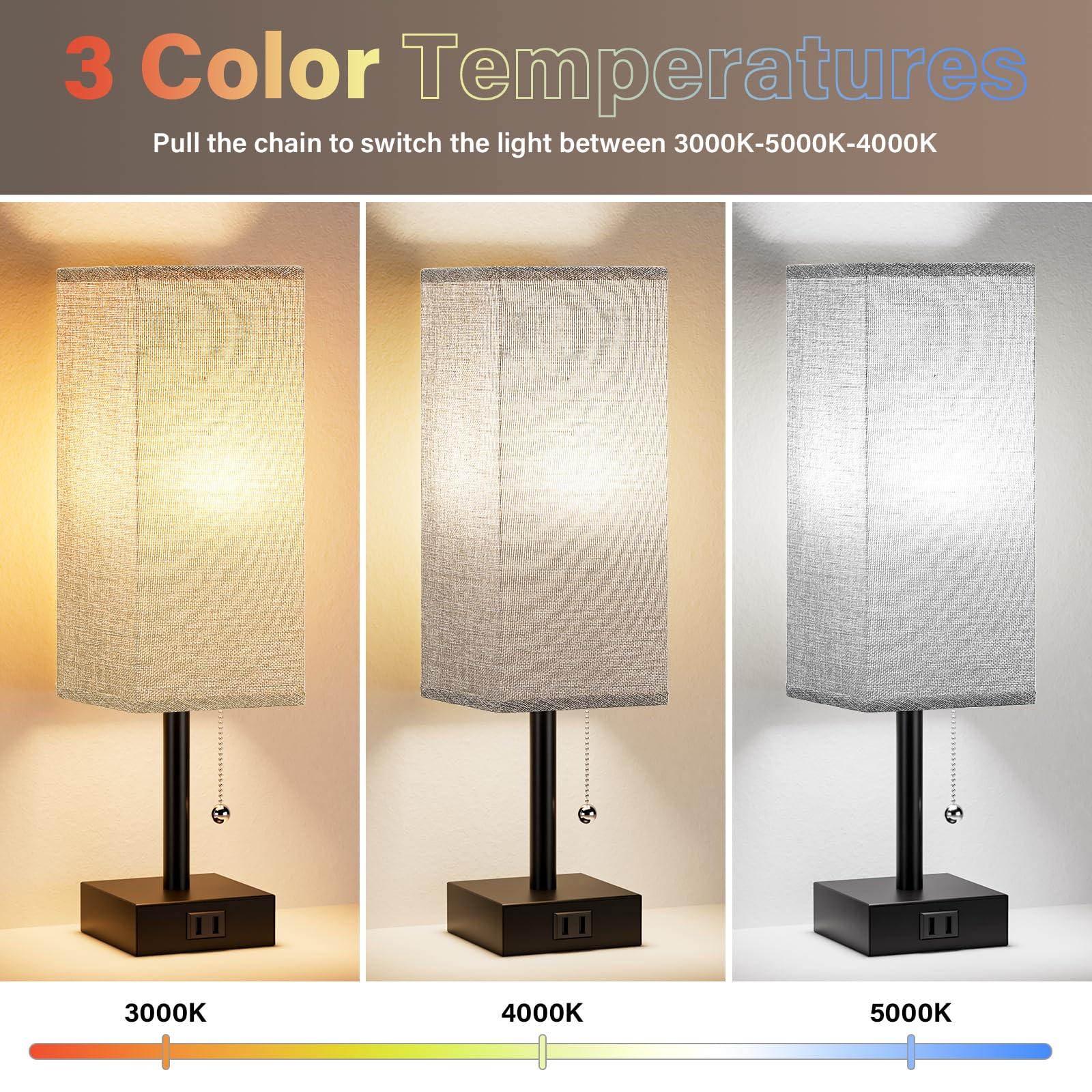 Grey Bedside Lamps For Bedroom Set Of 2 - Small Nightstand Lamp With Ac Outlet Charging Port, 3 Color Temperatures Rectangular D