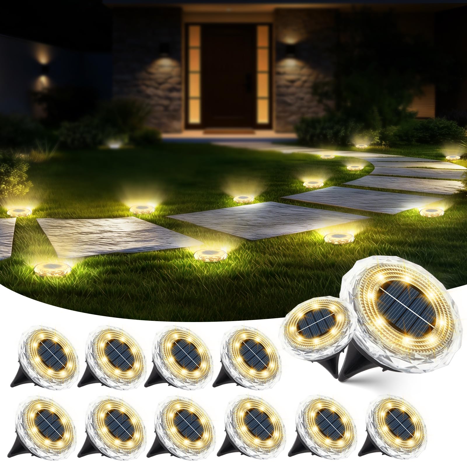 echosari Solar Ground Lights 12 Pack, Upgraded Solar Garden Lights Auto ON/Off Landscape Lighting Outdoor In-Ground Lights Water