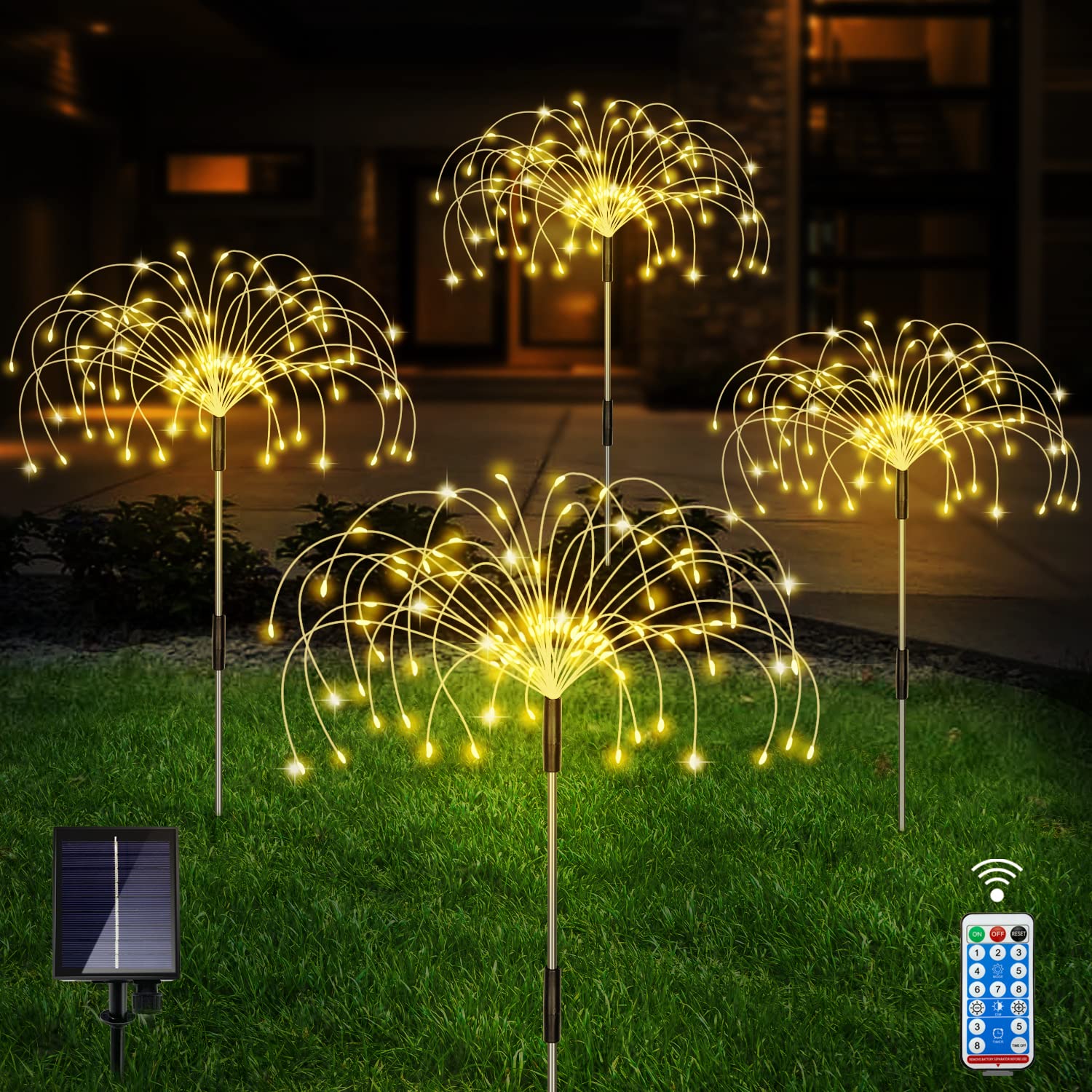 Solar Lights Outdoor, Warm White Garden Lights, 4 Pack Firework Lights with 120 LED Starburst String Lights 8 Modes Fairy Lights with Remote, Wedding Christmas, Lawn Backyard Party Patio Decoration