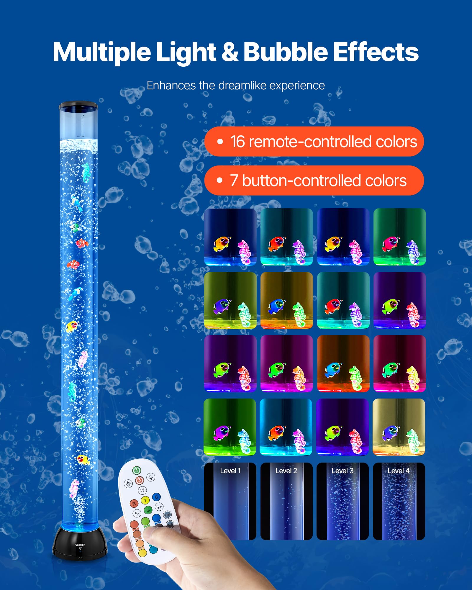 VEVOR Sensory Bubble Tube Lamp, 4 ft Bubble Fish Tube, Sensory Aquarium Lamp with 10 Floating Fish & 16 Color Effects, Remote Co