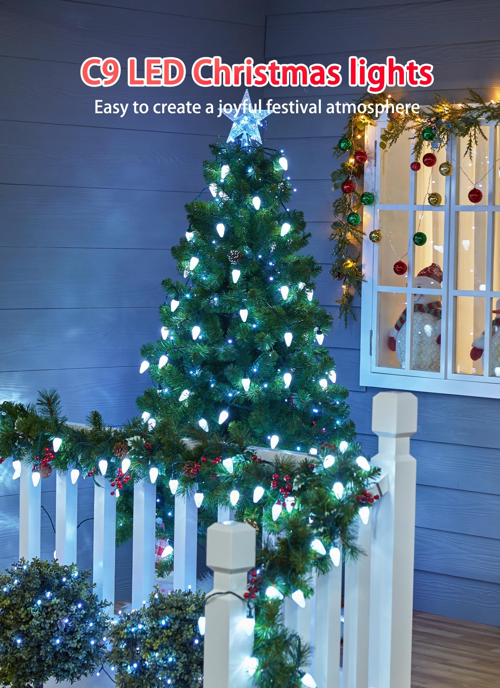 C9 Christmas Lights Outdoor  114 Feet 150 Led C9 String Light With Timer & 8 Light Modes  Waterproof Commercial Grade Connectable Christmas Tree Lights For House Indoor Outside Roofline  Pure White