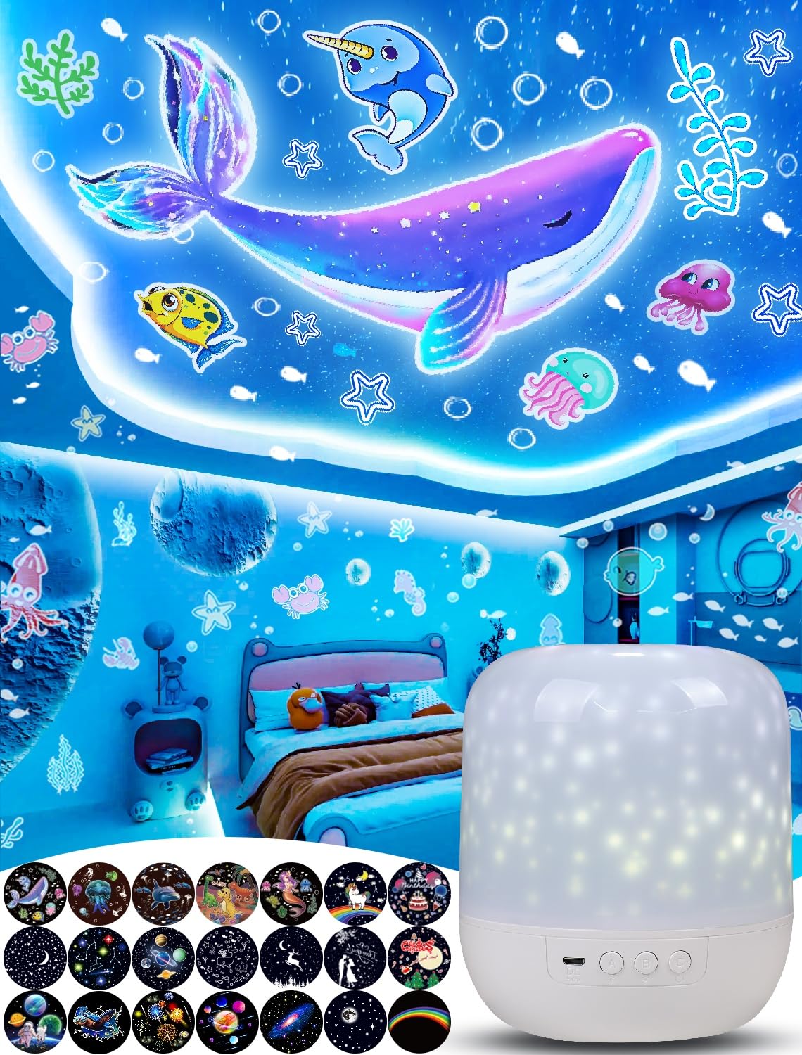 21 Sets of Films, Projector Night Light for Kids, Light Projector for Kids Room, Ceiling, Star Galaxy Projector with 360 Rotatio