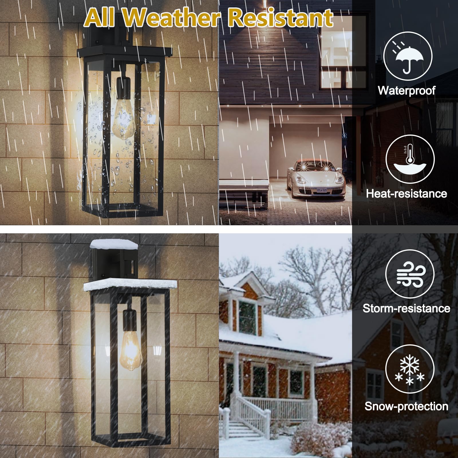 Zsmaiku 20&quot; Black Modern Outdoor Wall Lanterns, Waterproof Clear Glass Shade, 2 Pcs