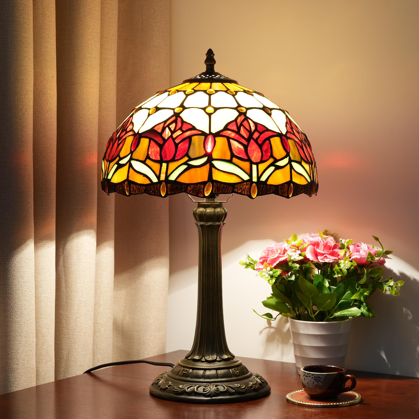 Blivuself Red Tulip Tiffany Style Stained Glass Table Lamp Bed Room Bedside Reading Desk Light For Living Office Dormitory Bar R