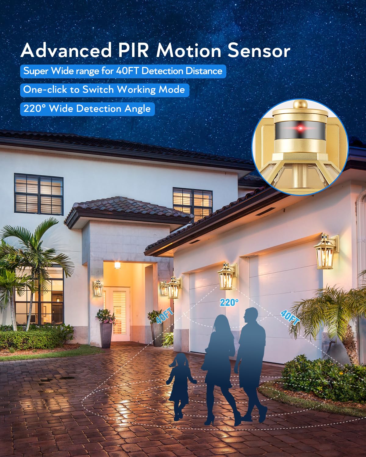 VIANIS Outdoor Wall Lights Lantern, Gold Motion Sensor Dusk to Dawn, 2-Pack Waterproof Garage Lights, Model V81092GD