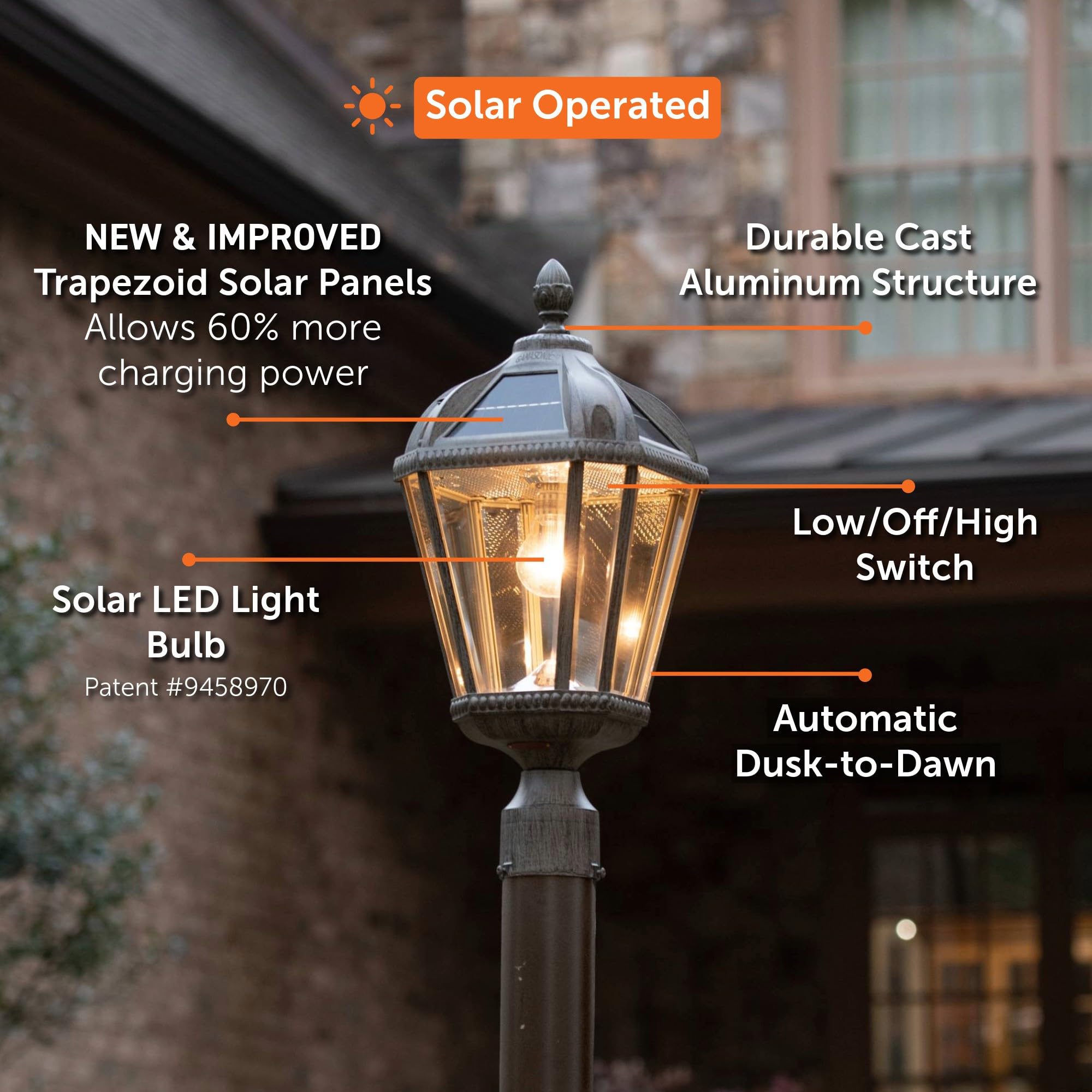 Gama Sonic Outdoor Solar Lamp Post Light, Weathered Bronze Finish Aluminum, Royal Bulb, Beveled Glass, 3-inch Fitter for Lamp Po