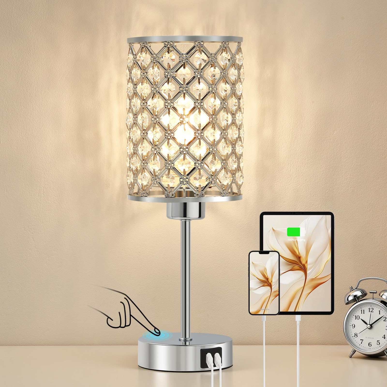 GyroVu Crystal Touch Table Lamp for Bedroom  Silver Desk Lamp with USB-C & USB-A Ports  Dimmable Modern Bedside Lamp for Nightstand  Living Room & Home Office - LED Bulb Included