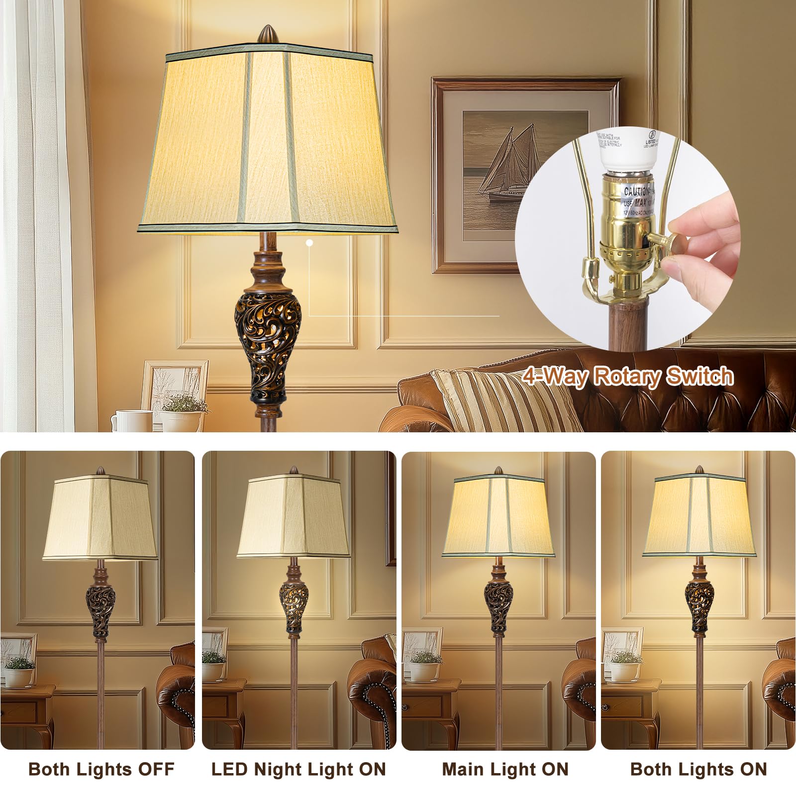 Vintage Floor Lamp With Nightlight, 65'' Rustic Standing Lamp With Beige Faux Silk Shade, Farmhouse Style Design Tall Lamp Decor