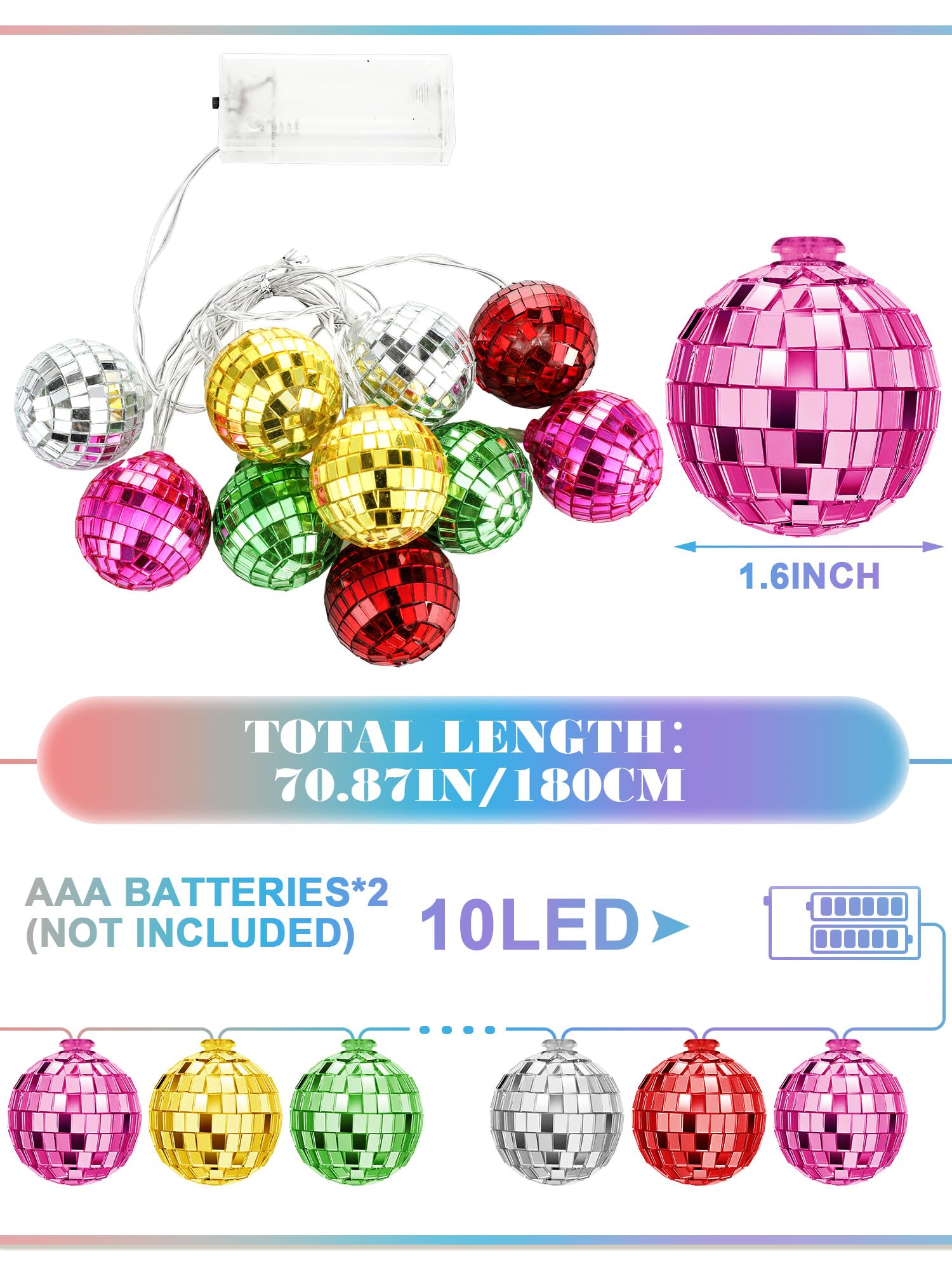 Bbto Led Disco Ball String Light Battery Powered Mirror Balls Ornaments For Outside Backyard Porch 70S 80S Disco Party Supplies(1.57 Inch Mixed Colors)