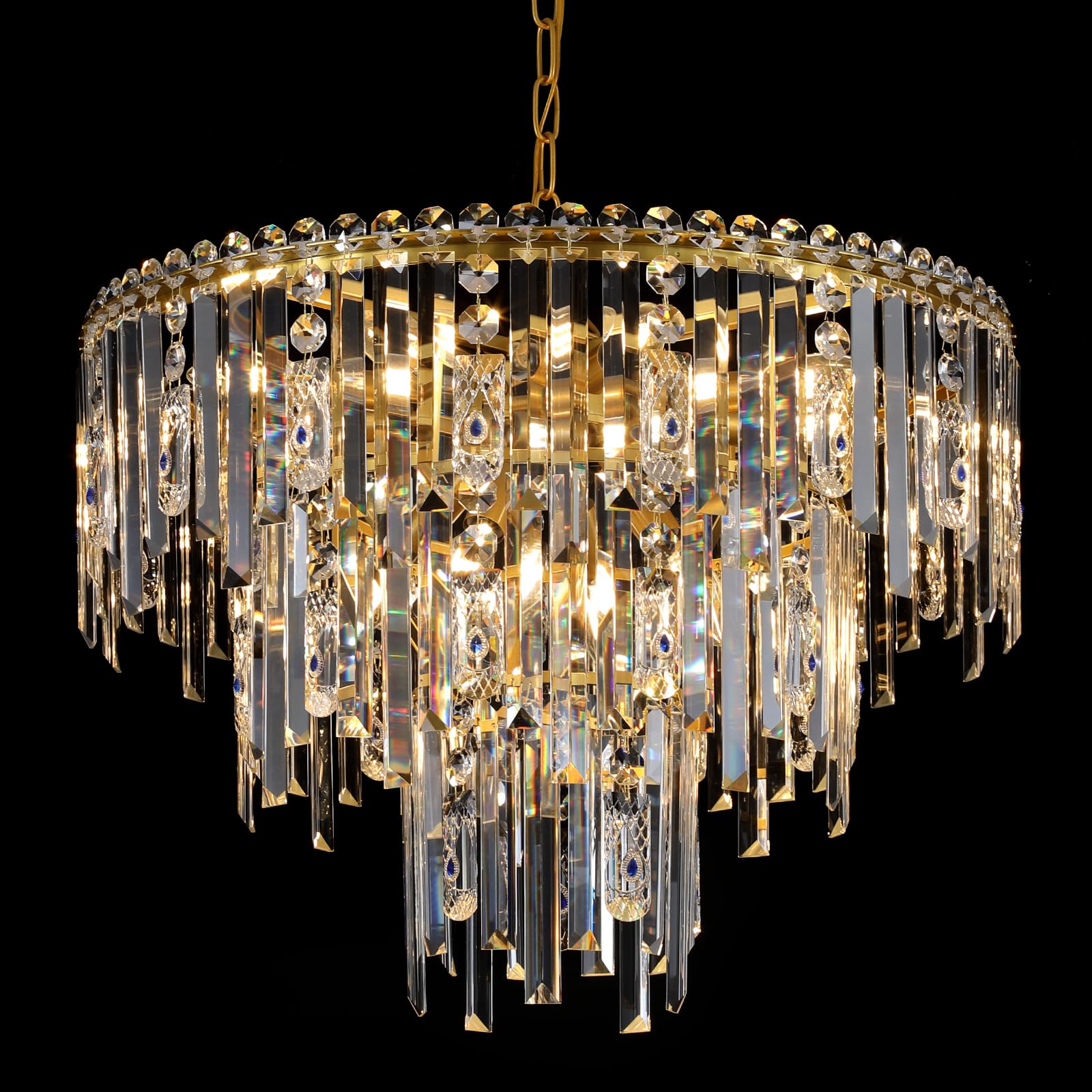 A Axilixi Gold Crystal Chandeliers, 24” Modern Round Chandelier For Dining Room 3 Tiers 12 Lights Ceiling Pendant Light Fixtures Large Ceiling Chandeliers For Foyer Living Room Bedroom