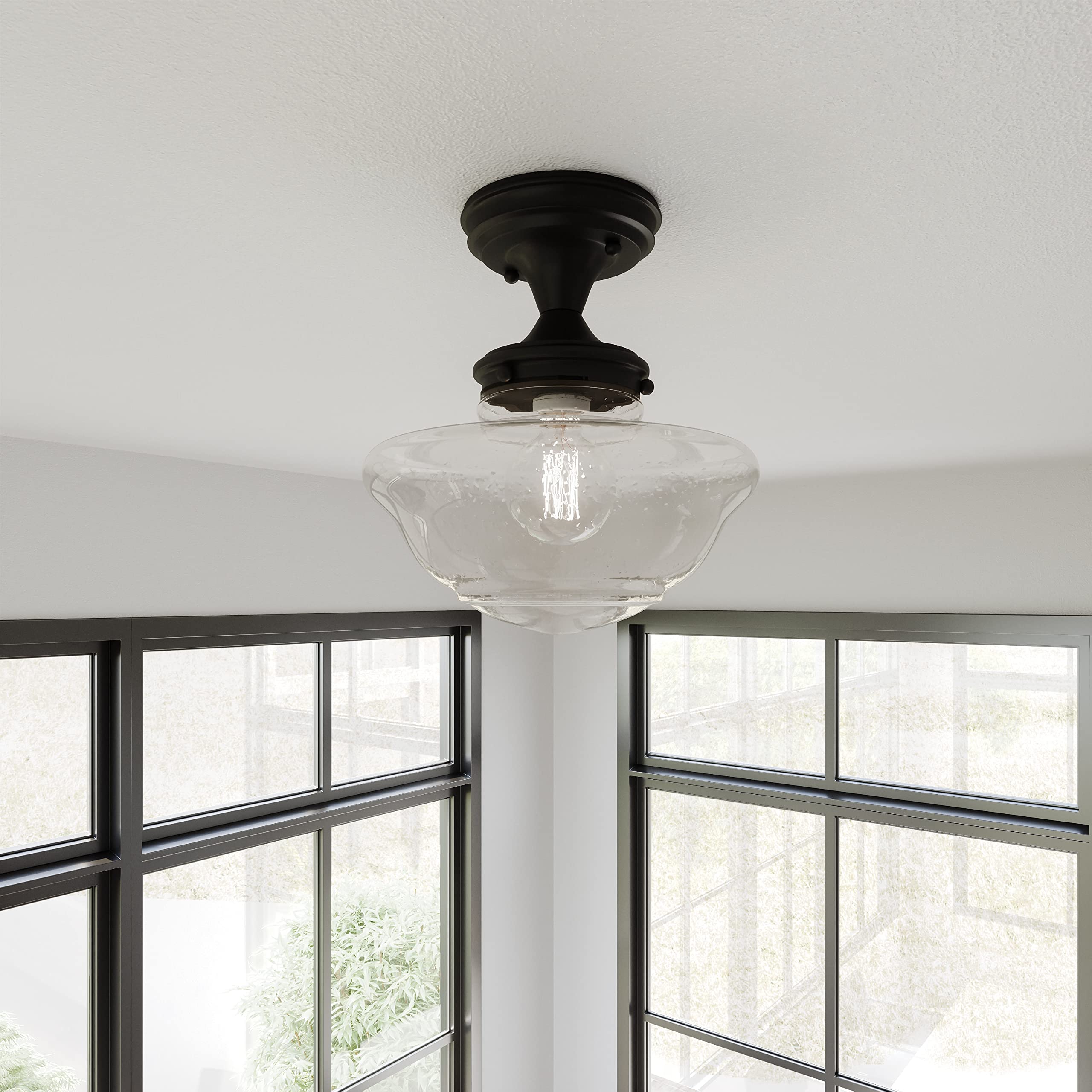 Design House Vintage-Inspired Schoolhouse Pendant Light, 9 in x 9 in x 47 in, Satin Gold, Clear Seeded Glass Shade, 587451