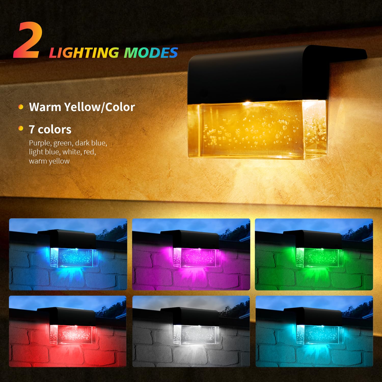 SUNFACE 6 Pack Solar Fence Lights, Waterproof Acrylic LED Deck Light, 2 Modes, Warm White/7 Color, Model SF-001